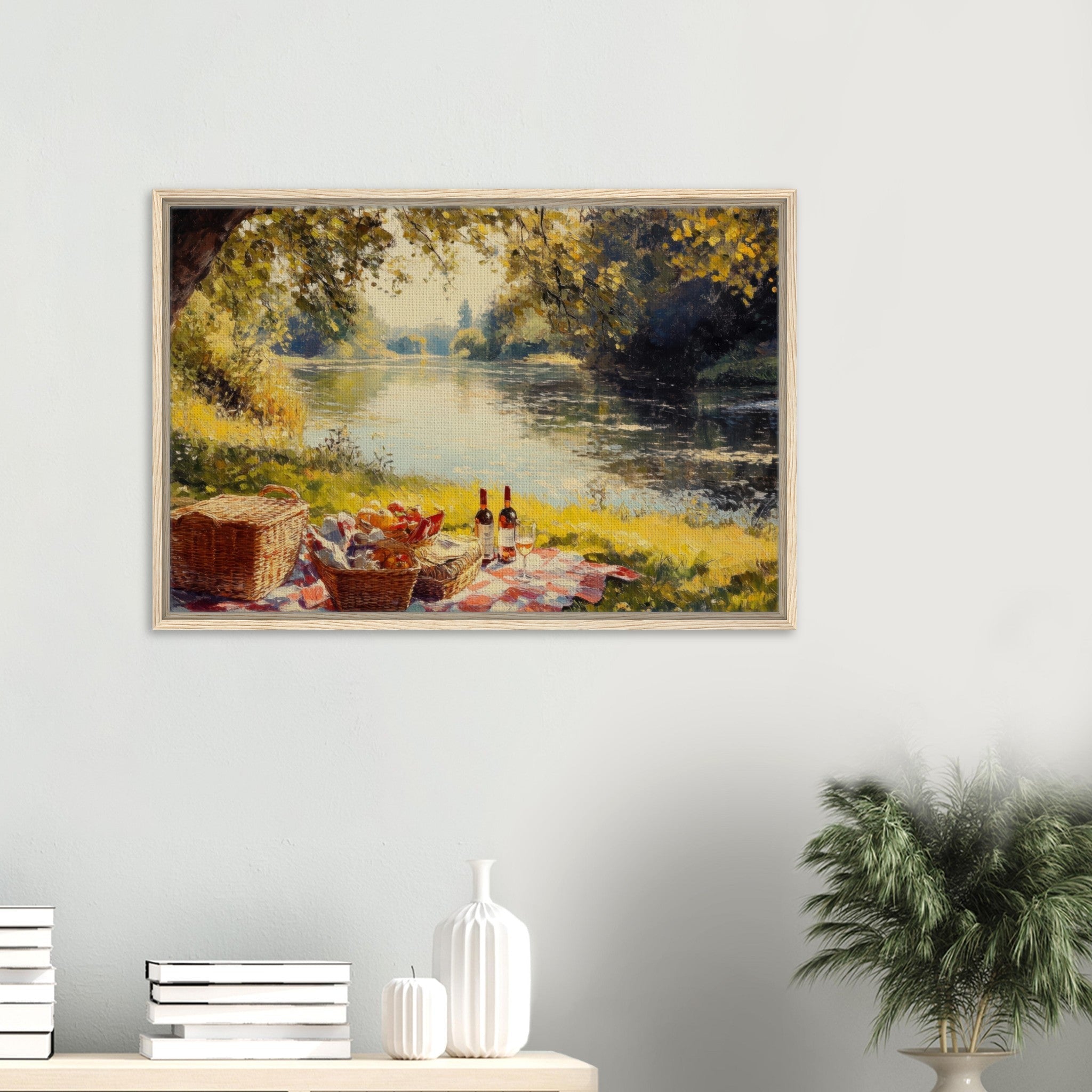Framed Canvas Landscape - Countryside Picnic by a River A lazy afternoon - Shop Ai Art WebShop - Digital Art online Store