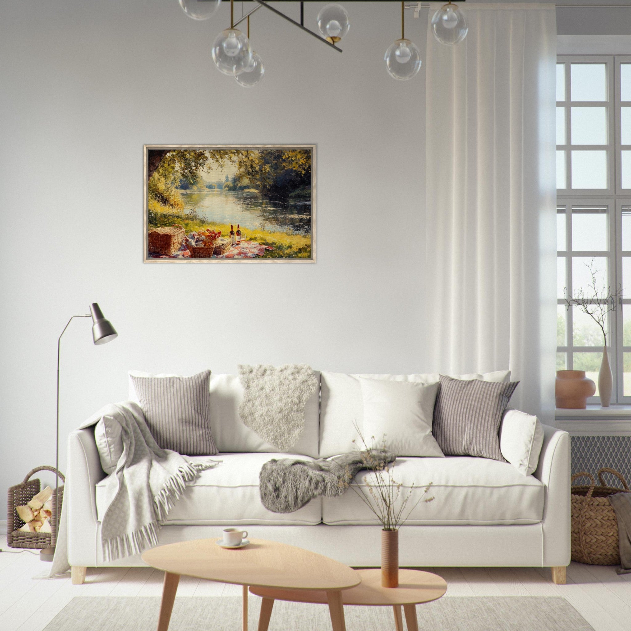 Framed Canvas Landscape - Countryside Picnic by a River A lazy afternoon - Shop Ai Art WebShop - Digital Art online Store