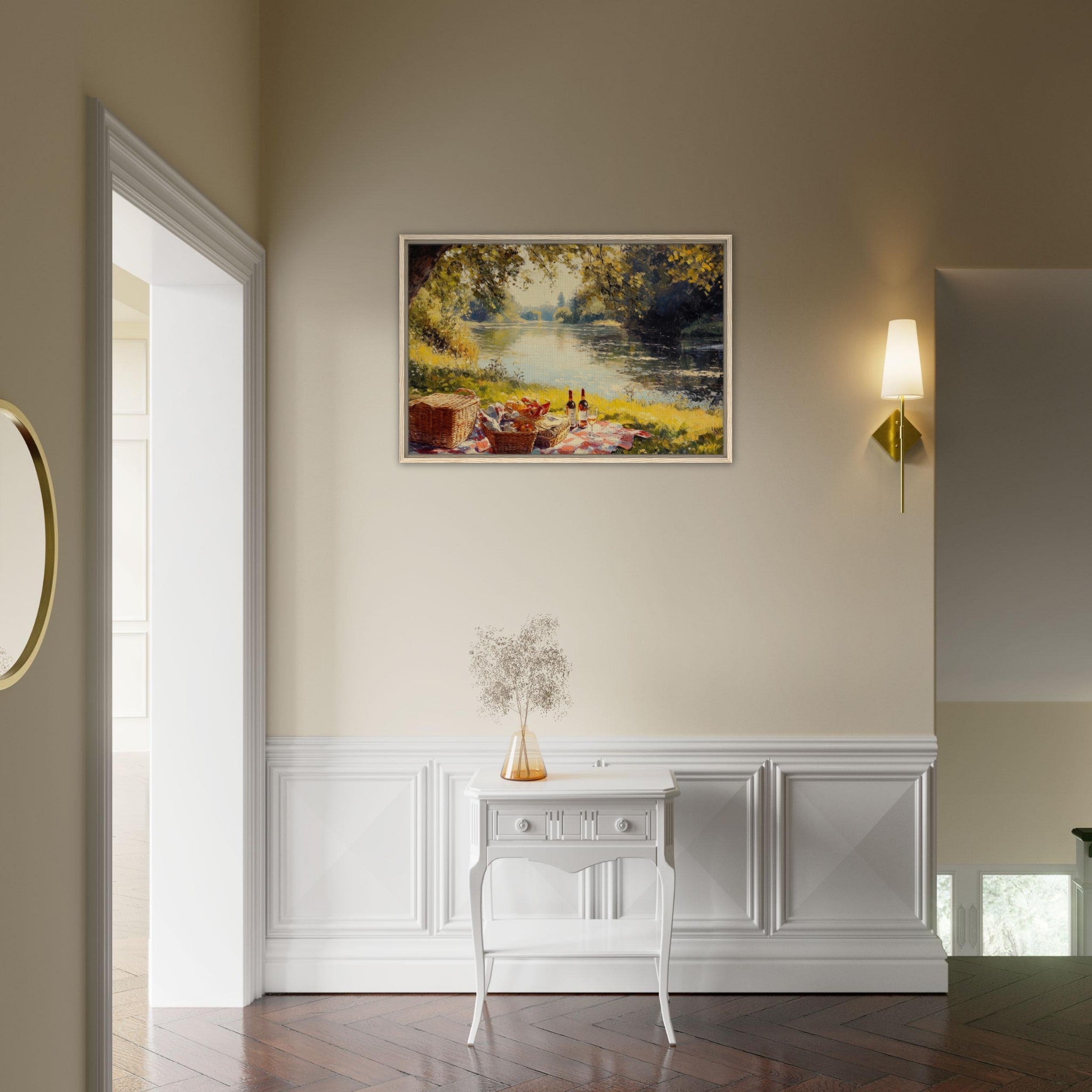Framed Canvas Landscape - Countryside Picnic by a River A lazy afternoon - Shop Ai Art WebShop - Digital Art online Store