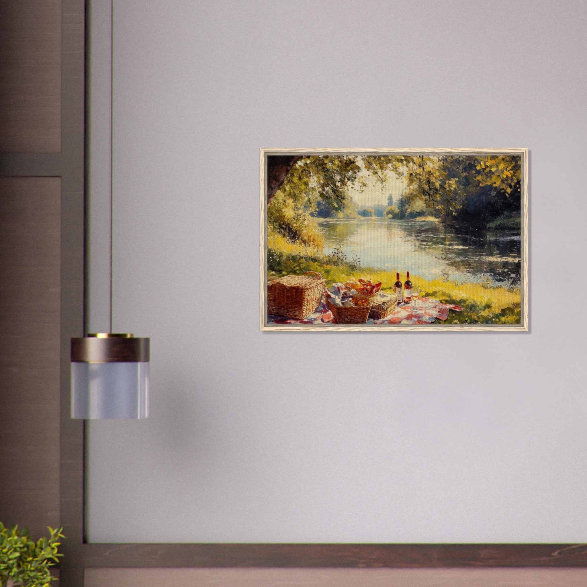 Framed Canvas Landscape - Countryside Picnic by a River A lazy afternoon - Shop Ai Art WebShop - Digital Art online Store