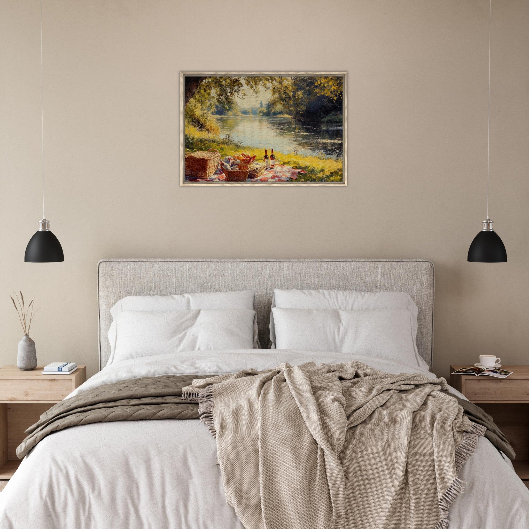 Framed Canvas Landscape - Countryside Picnic by a River A lazy afternoon - Shop Ai Art WebShop - Digital Art online Store