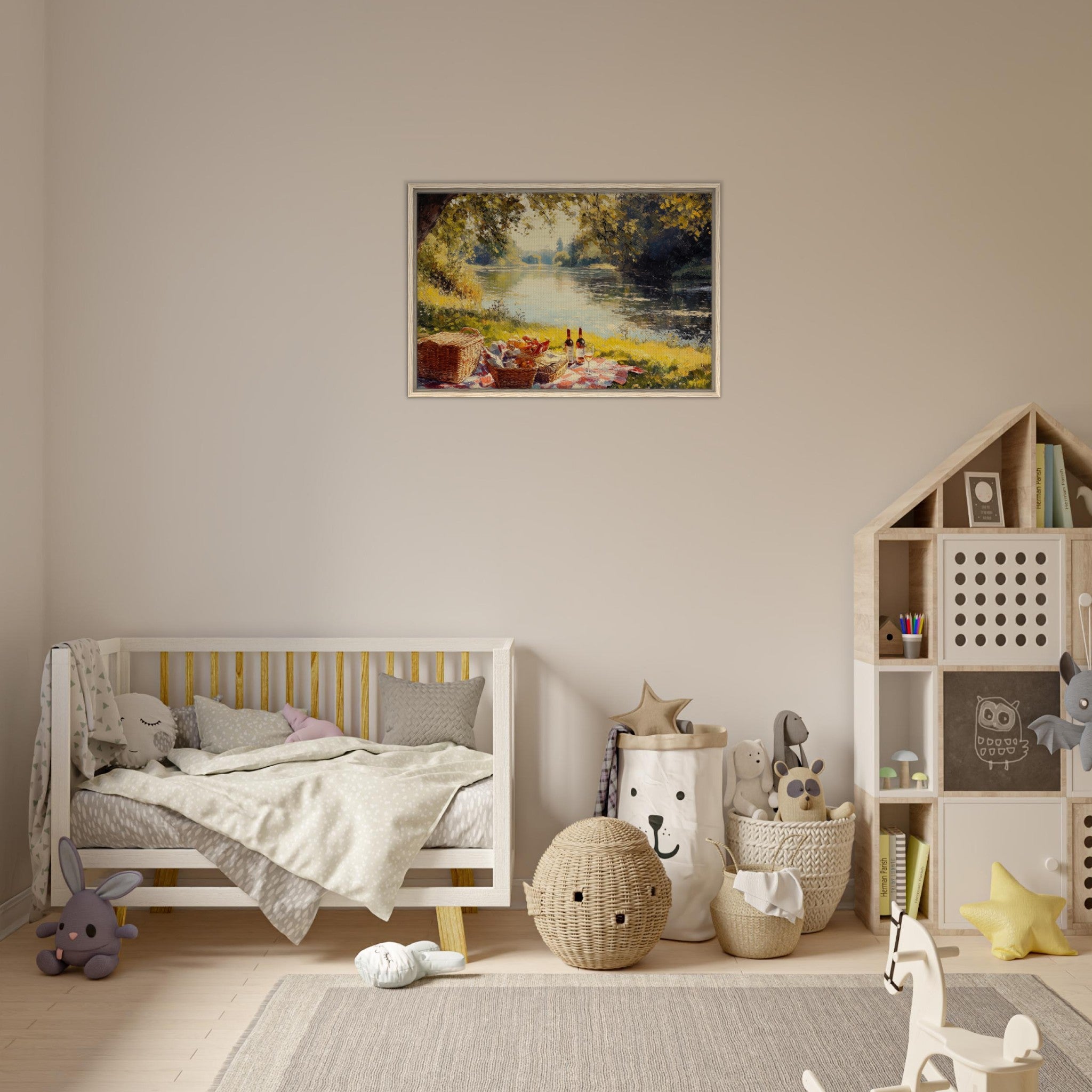 Framed Canvas Landscape - Countryside Picnic by a River A lazy afternoon - Shop Ai Art WebShop - Digital Art online Store
