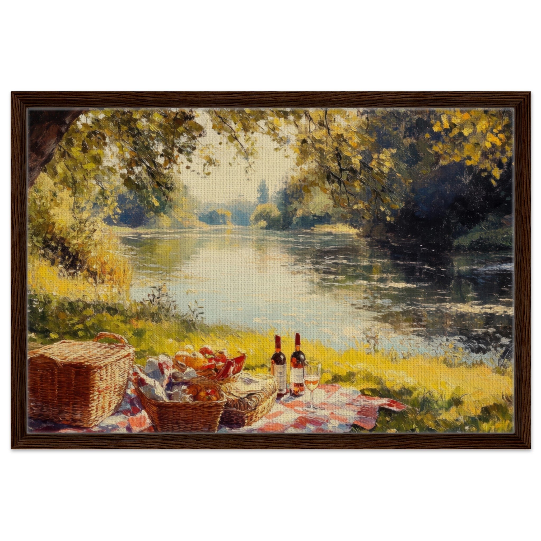 Framed Canvas Landscape - Countryside Picnic by a River A lazy afternoon - Shop Ai Art WebShop - Digital Art online Store