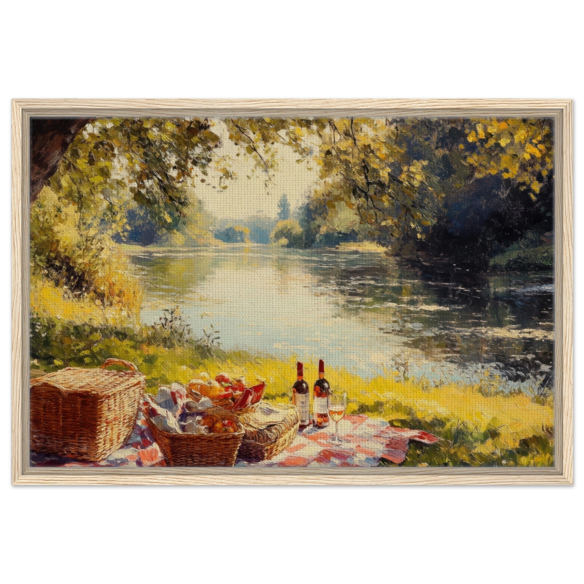 Framed Canvas Landscape - Countryside Picnic by a River A lazy afternoon - Shop Ai Art WebShop - Digital Art online Store