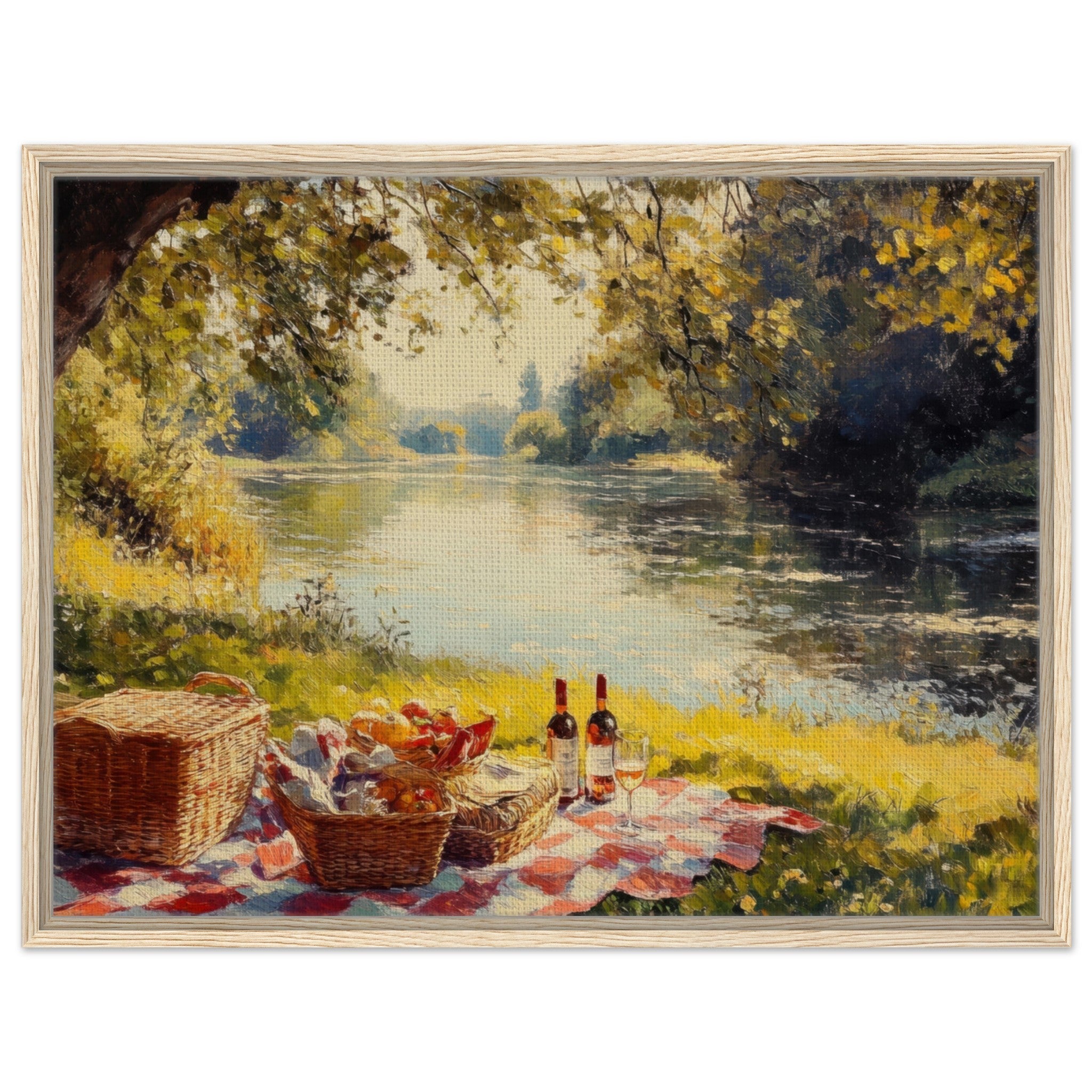 Framed Canvas Landscape - Countryside Picnic by a River A lazy afternoon - Shop Ai Art WebShop - Digital Art online Store