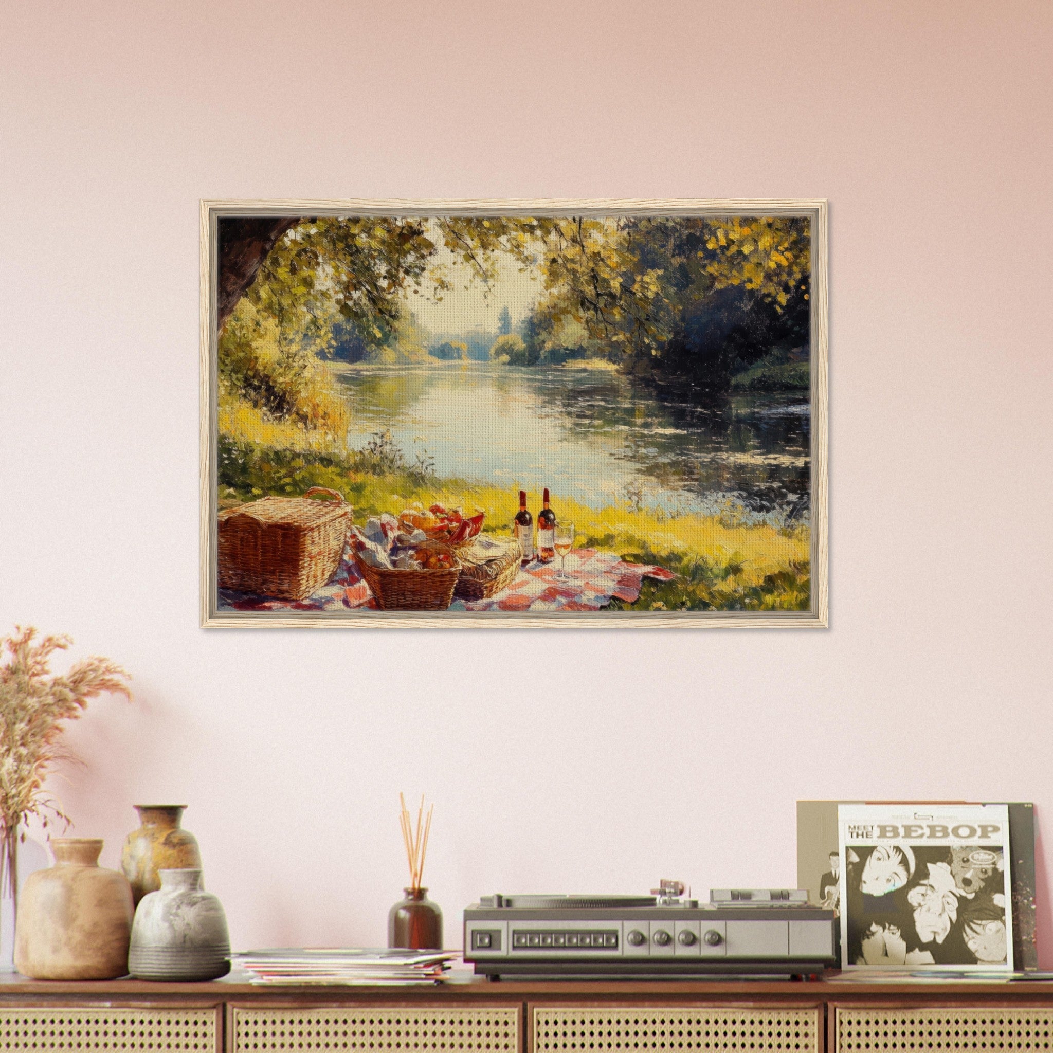 Framed Canvas Landscape - Countryside Picnic by a River A lazy afternoon - Shop Ai Art WebShop - Digital Art online Store
