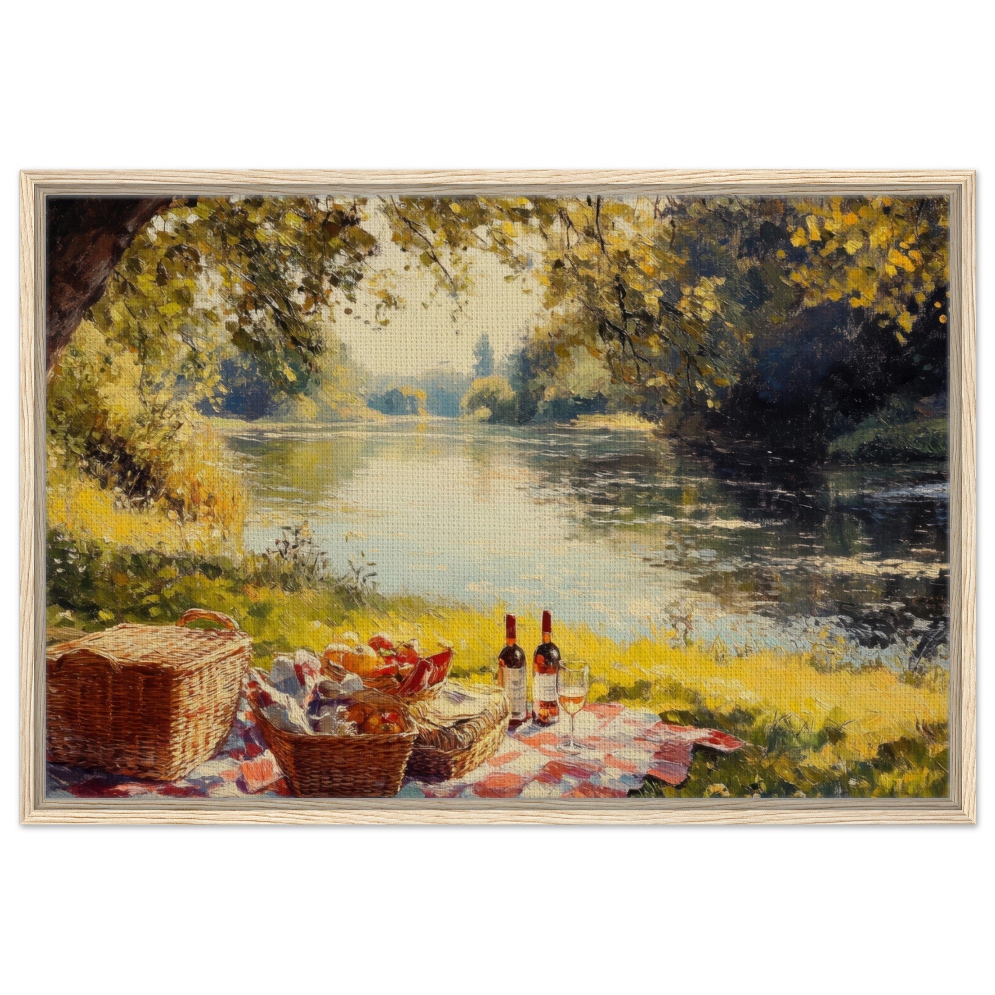 Framed Canvas Landscape - Countryside Picnic by a River A lazy afternoon - Shop Ai Art WebShop - Digital Art online Store
