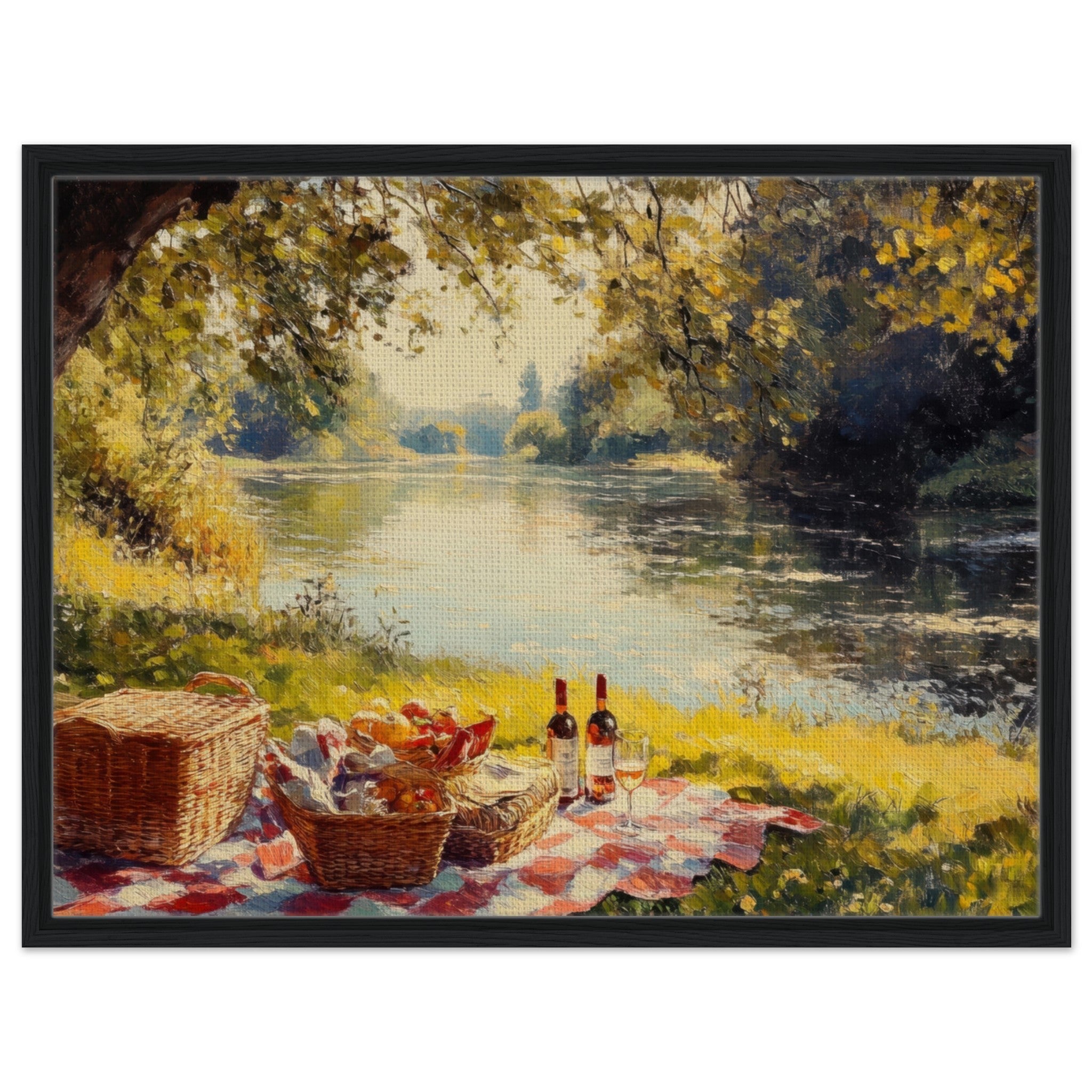 Framed Canvas Landscape - Countryside Picnic by a River A lazy afternoon - Shop Ai Art WebShop - Digital Art online Store