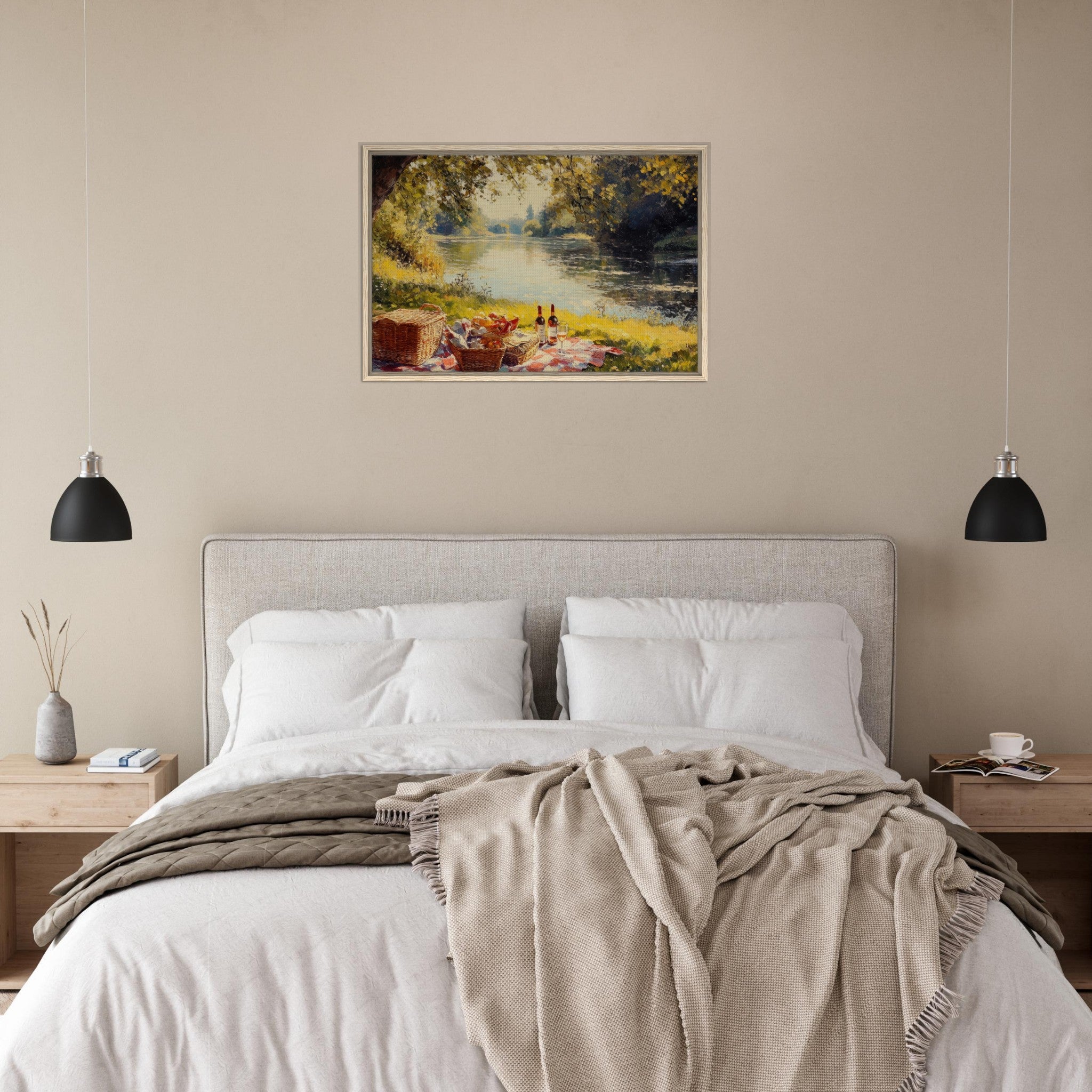 Framed Canvas Landscape - Countryside Picnic by a River A lazy afternoon - Shop Ai Art WebShop - Digital Art online Store