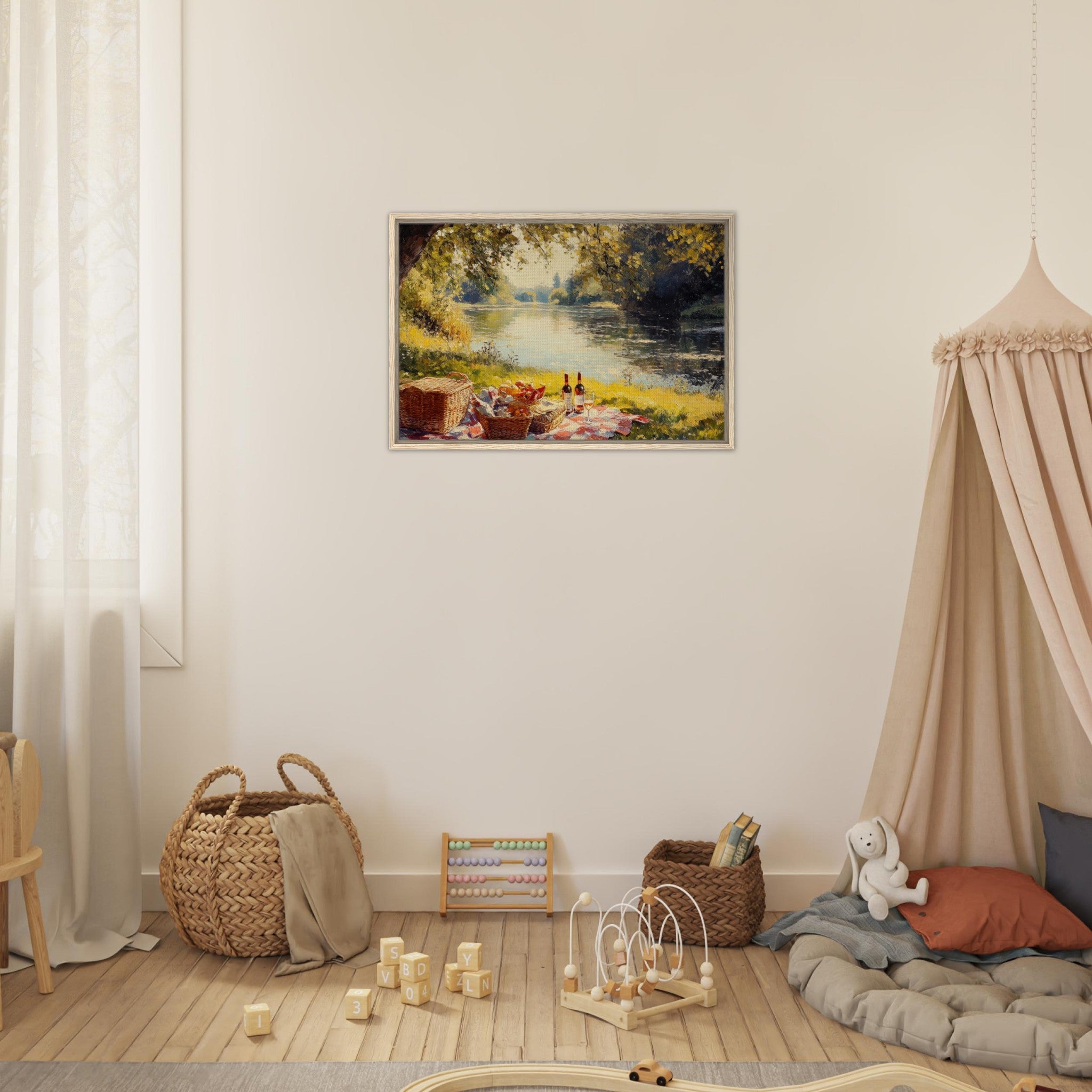 Framed Canvas Landscape - Countryside Picnic by a River A lazy afternoon - Shop Ai Art WebShop - Digital Art online Store