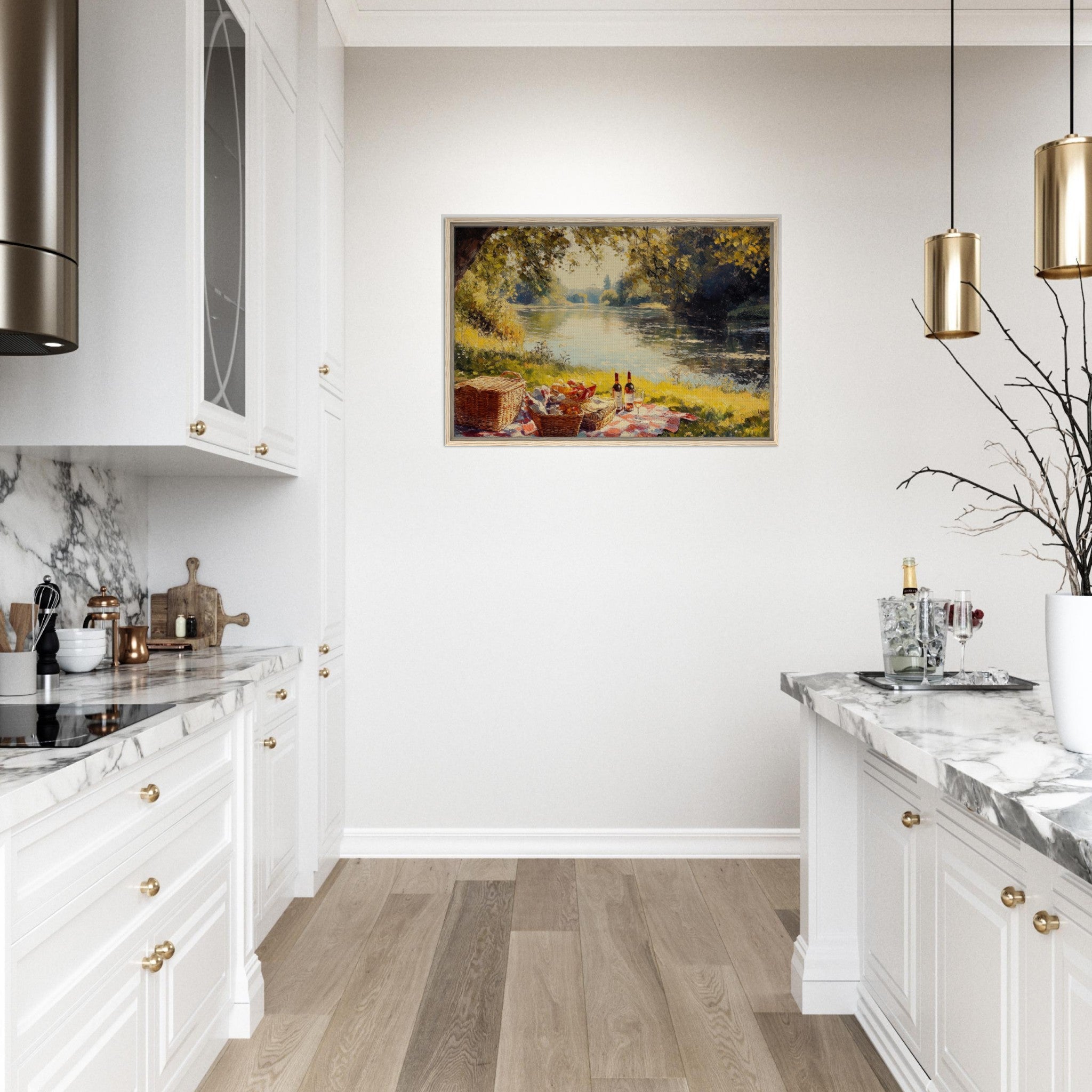 Framed Canvas Landscape - Countryside Picnic by a River A lazy afternoon - Shop Ai Art WebShop - Digital Art online Store