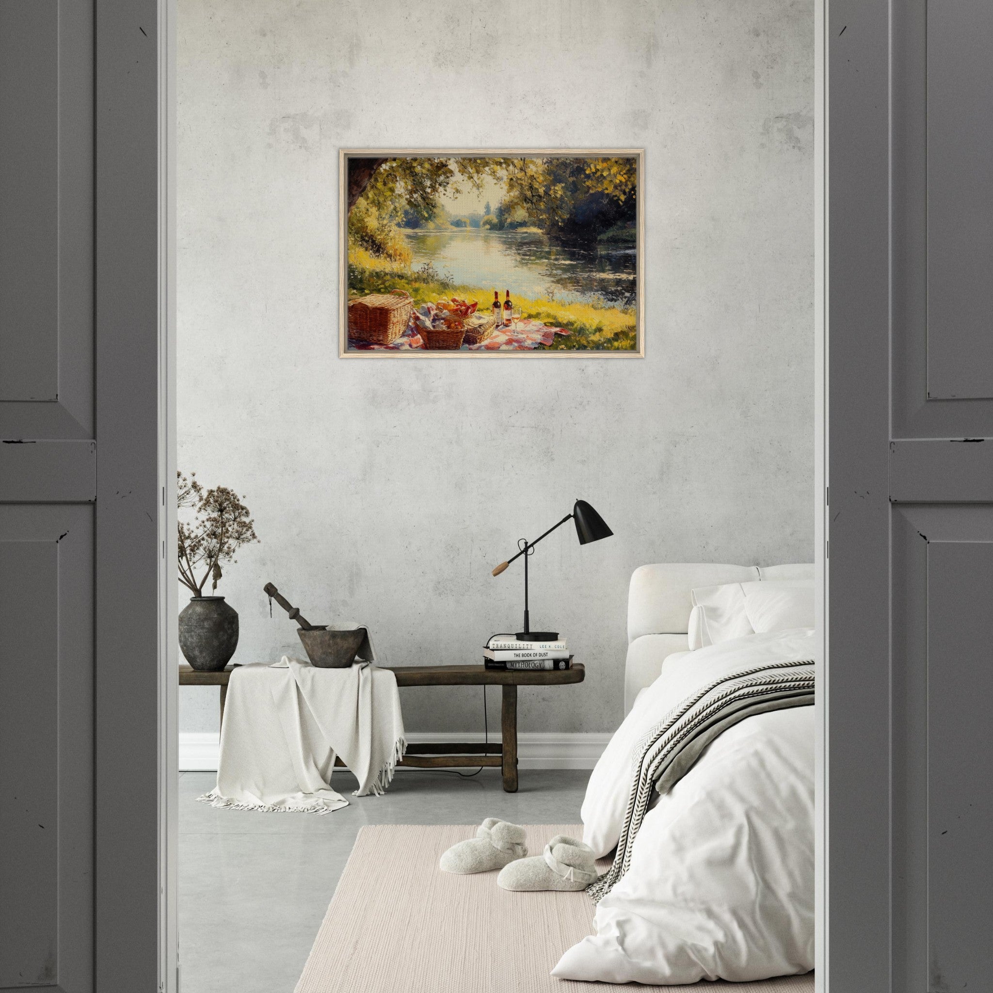 Framed Canvas Landscape - Countryside Picnic by a River A lazy afternoon - Shop Ai Art WebShop - Digital Art online Store
