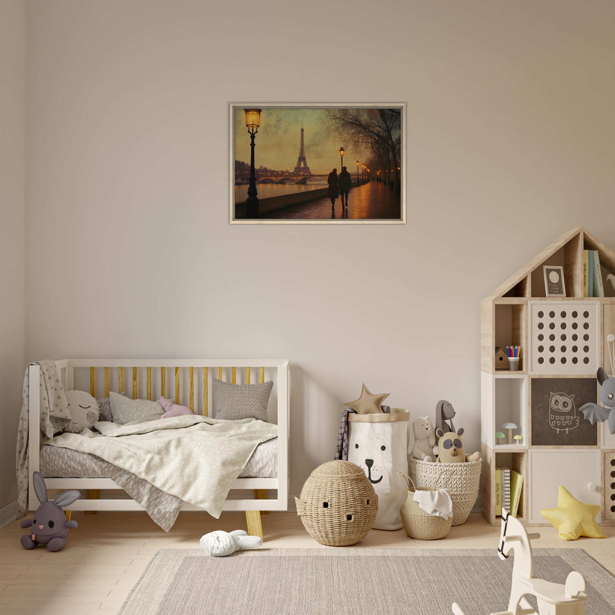 Framed Canvas Landscape - Evening Stroll Along the Seine A romantic river 2 - Shop Ai Art WebShop - Digital Art online Store