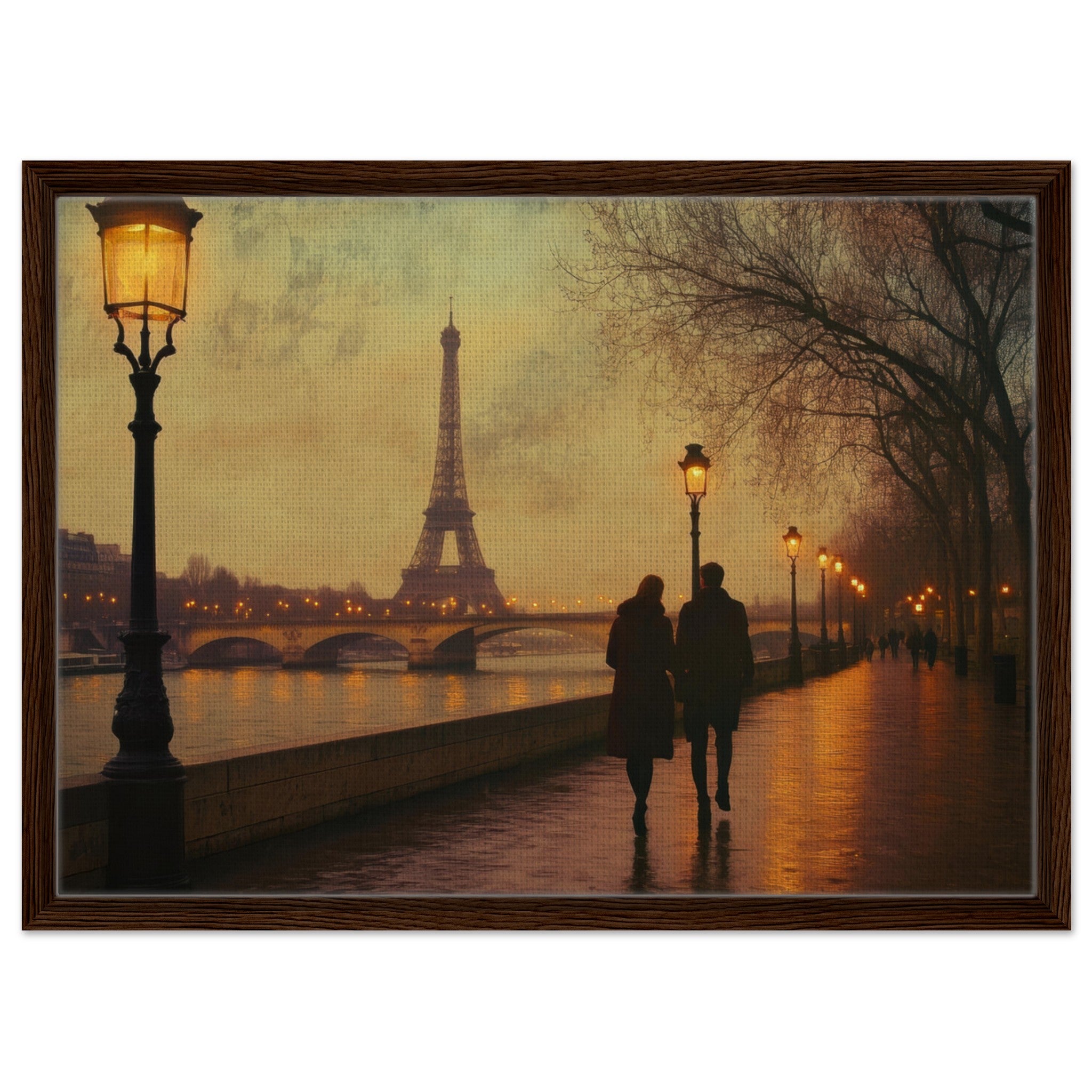 Framed Canvas Landscape - Evening Stroll Along the Seine A romantic river 2 - Shop Ai Art WebShop - Digital Art online Store