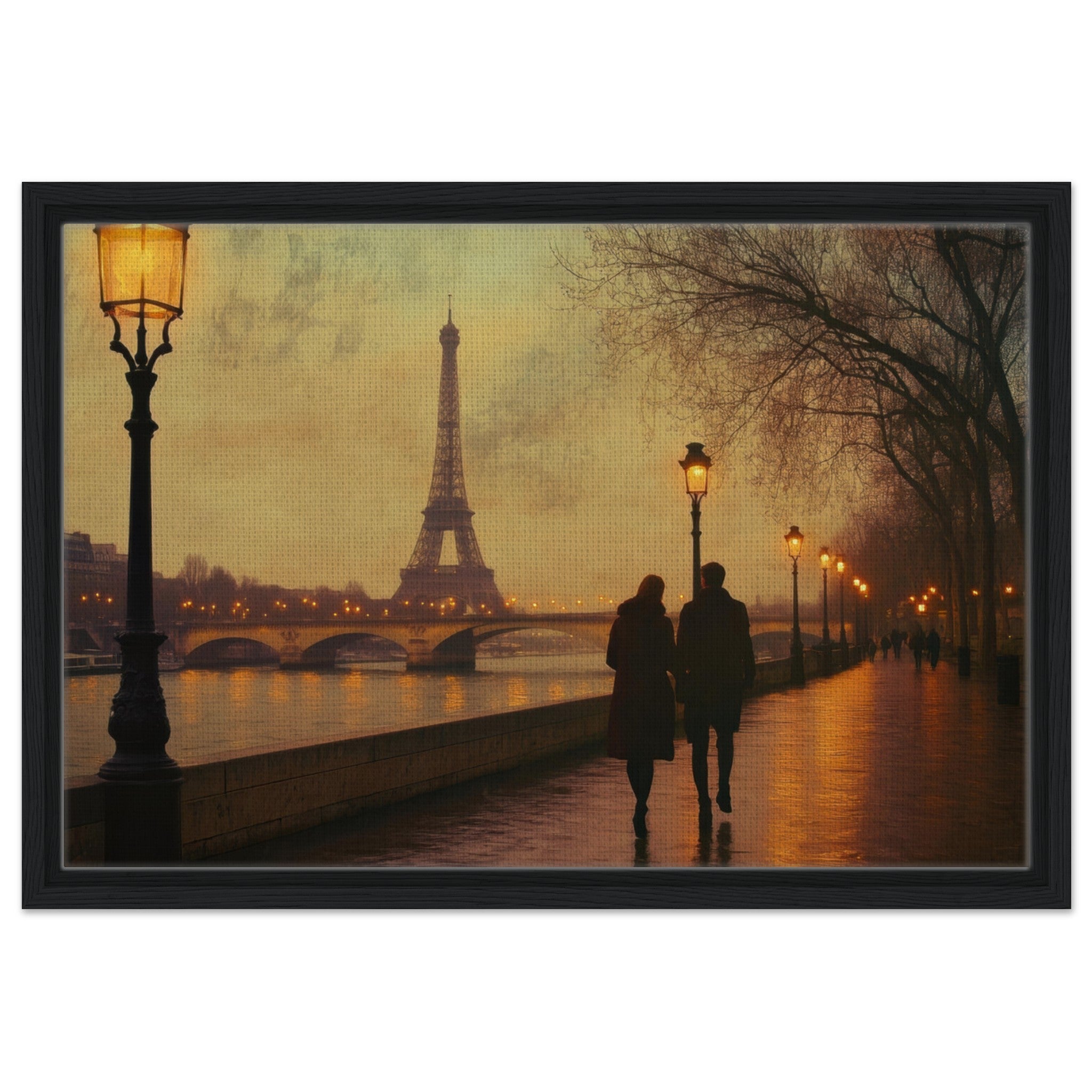 Framed Canvas Landscape - Evening Stroll Along the Seine A romantic river 2 - Shop Ai Art WebShop - Digital Art online Store