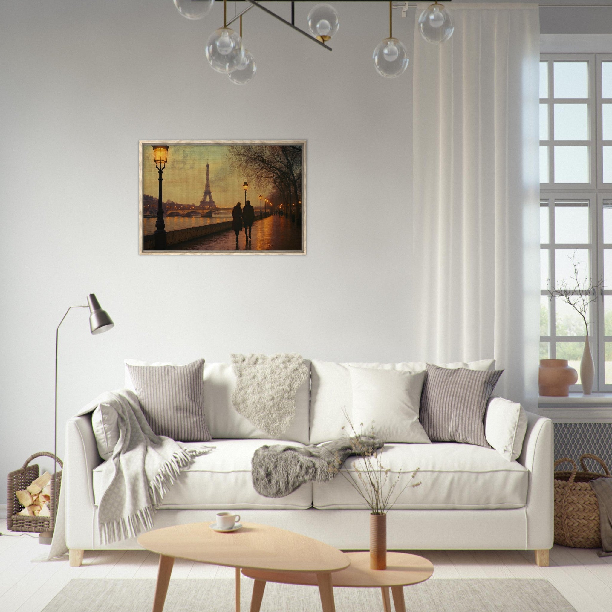 Framed Canvas Landscape - Evening Stroll Along the Seine A romantic river 2 - Shop Ai Art WebShop - Digital Art online Store