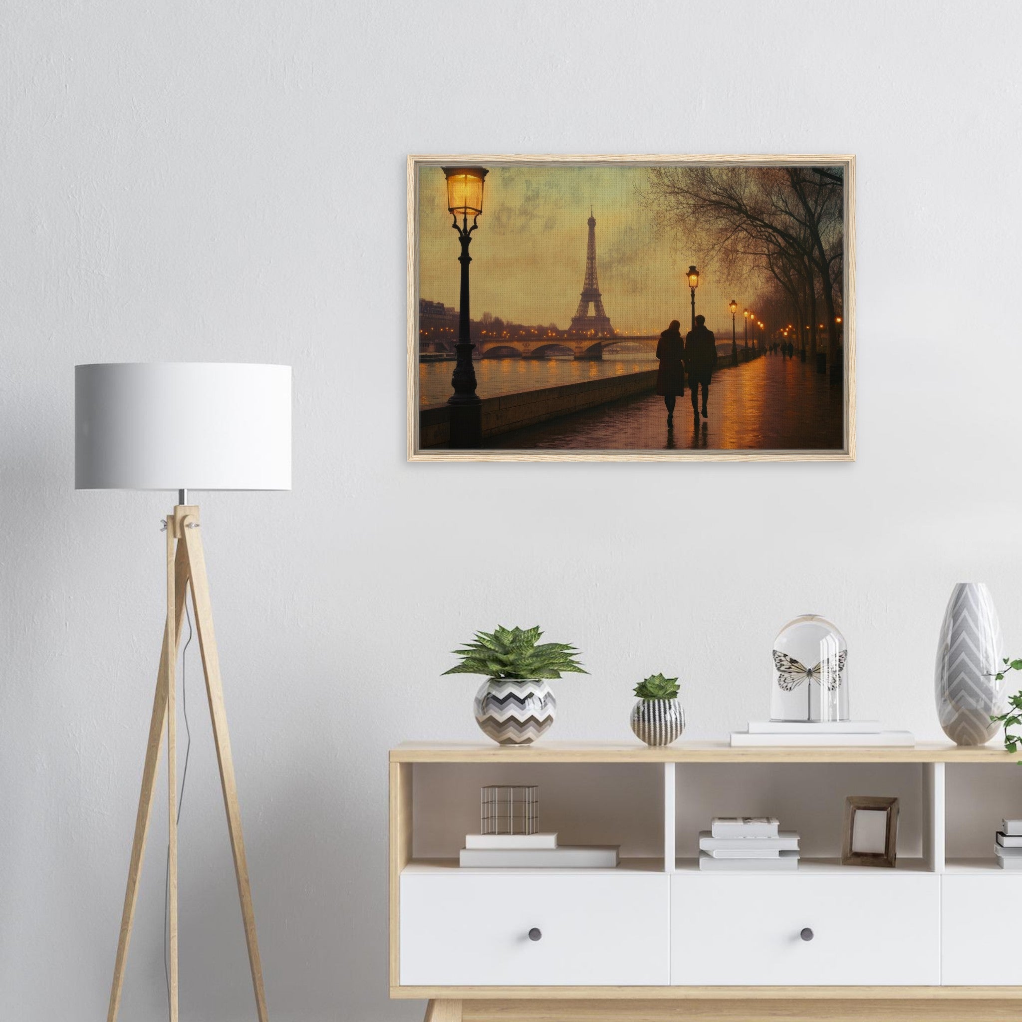 Framed Canvas Landscape - Evening Stroll Along the Seine A romantic river 2 - Shop Ai Art WebShop - Digital Art online Store