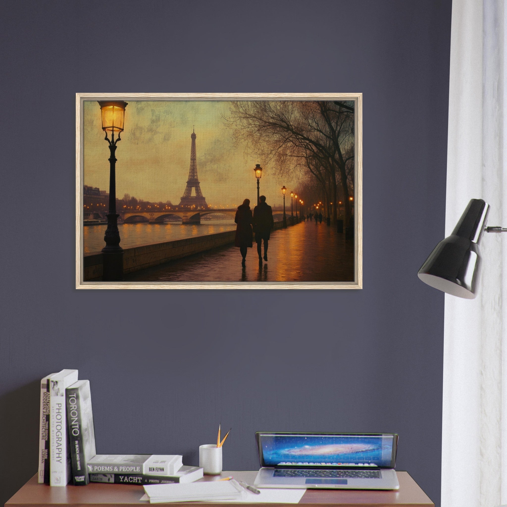 Framed Canvas Landscape - Evening Stroll Along the Seine A romantic river 2 - Shop Ai Art WebShop - Digital Art online Store