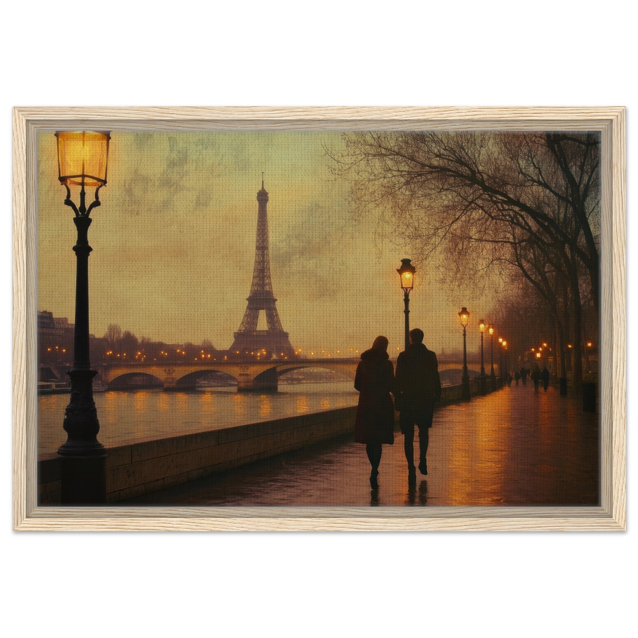 Framed Canvas Landscape - Evening Stroll Along the Seine A romantic river 2 - Shop Ai Art WebShop - Digital Art online Store