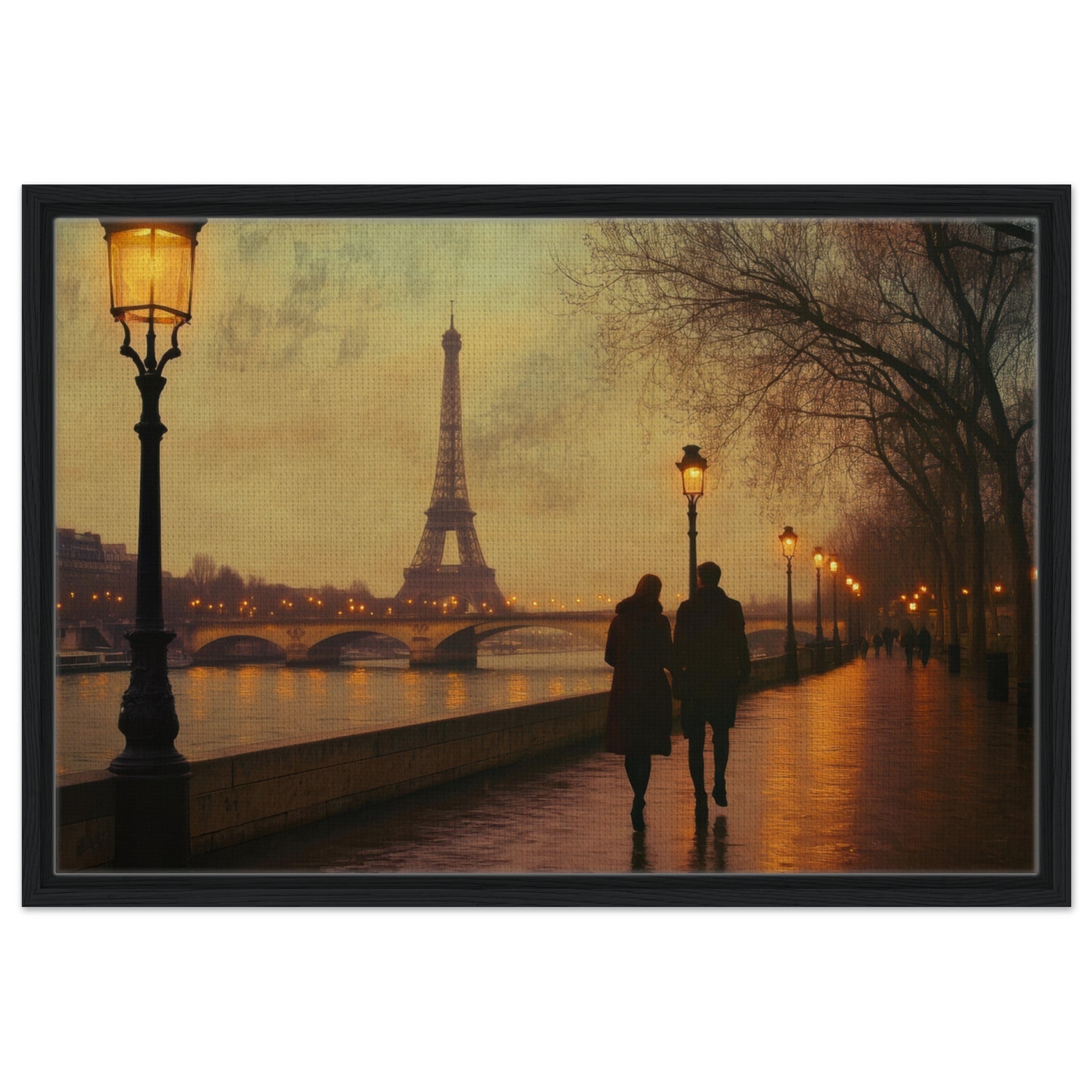 Framed Canvas Landscape - Evening Stroll Along the Seine A romantic river 2 - Shop Ai Art WebShop - Digital Art online Store