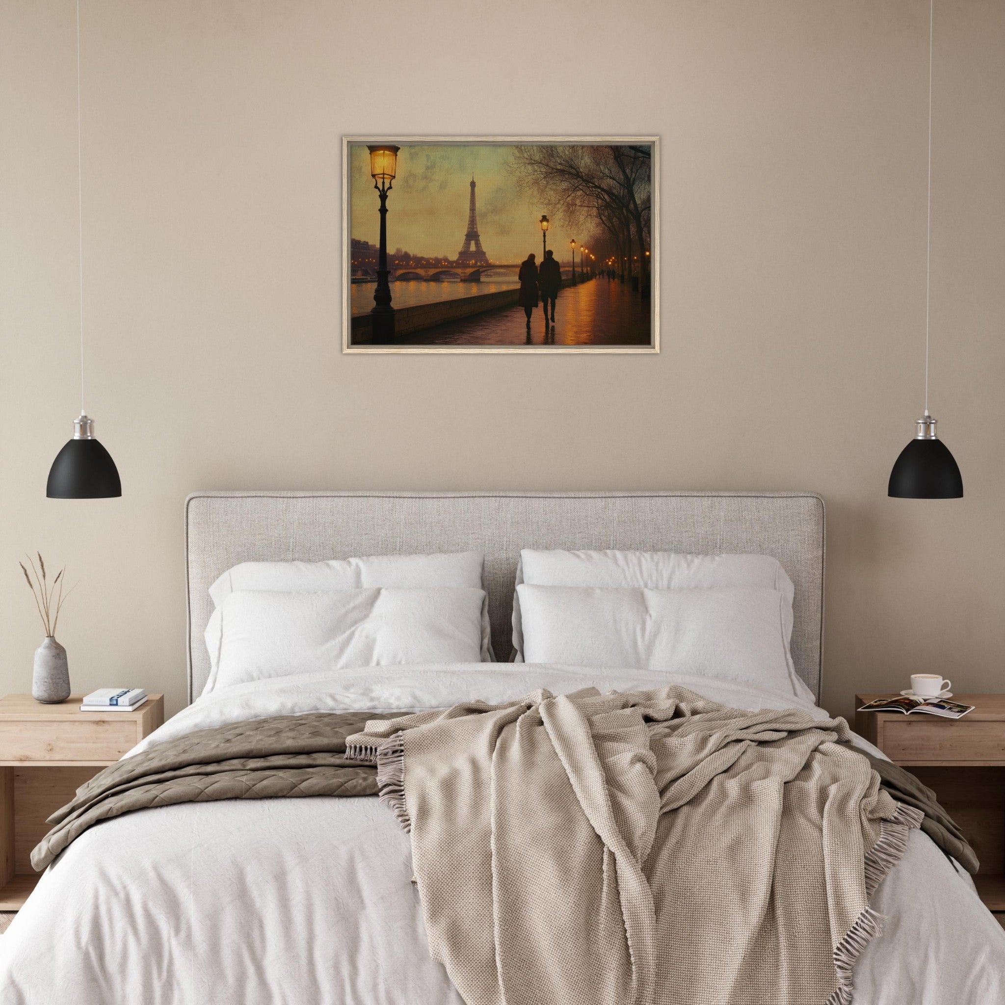 Framed Canvas Landscape - Evening Stroll Along the Seine A romantic river 2 - Shop Ai Art WebShop - Digital Art online Store
