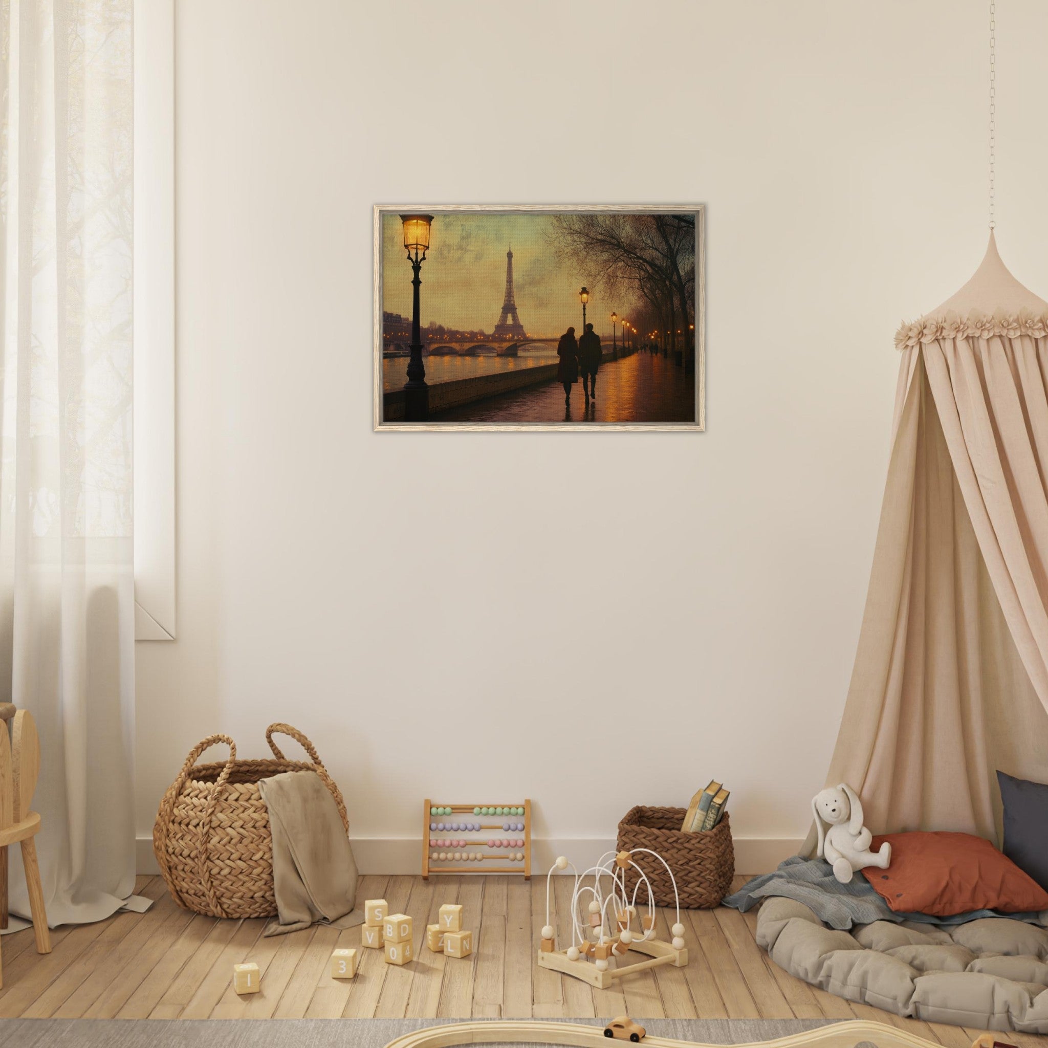 Framed Canvas Landscape - Evening Stroll Along the Seine A romantic river 2 - Shop Ai Art WebShop - Digital Art online Store