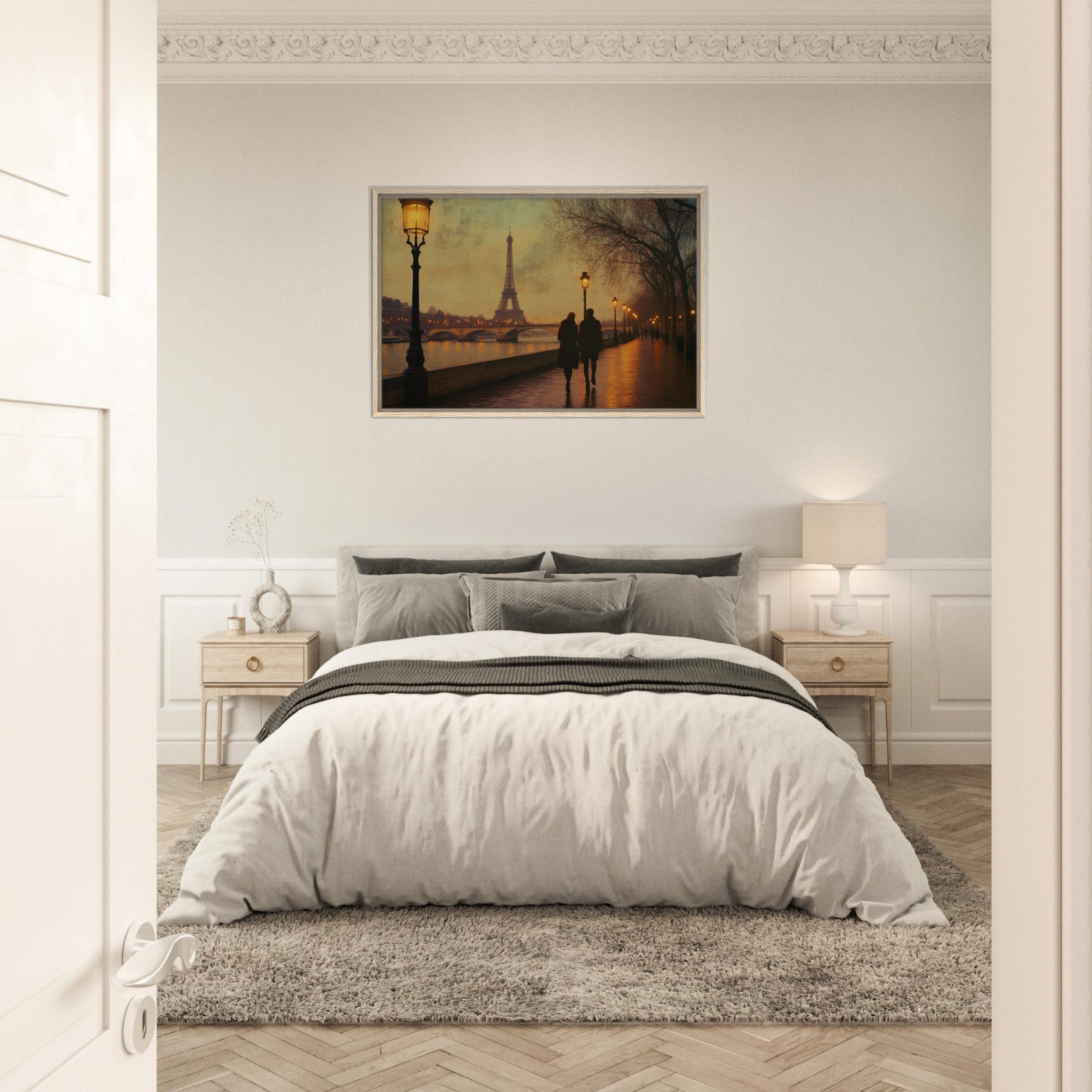 Framed Canvas Landscape - Evening Stroll Along the Seine A romantic river 2 - Shop Ai Art WebShop - Digital Art online Store