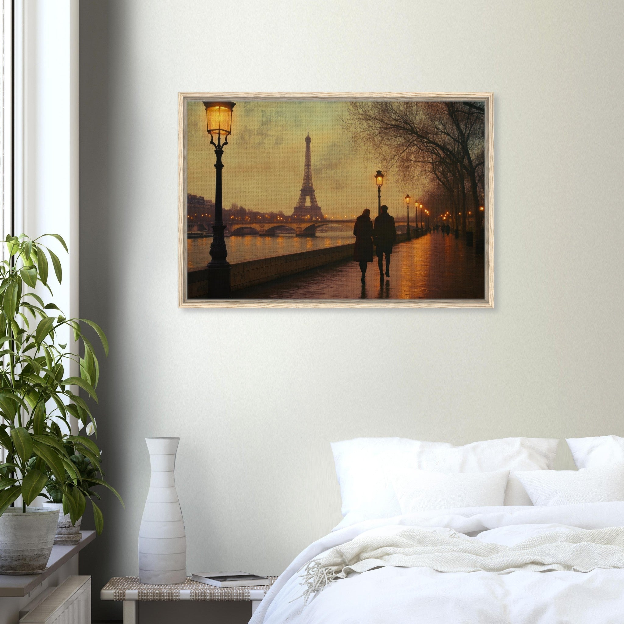Framed Canvas Landscape - Evening Stroll Along the Seine A romantic river 2 - Shop Ai Art WebShop - Digital Art online Store