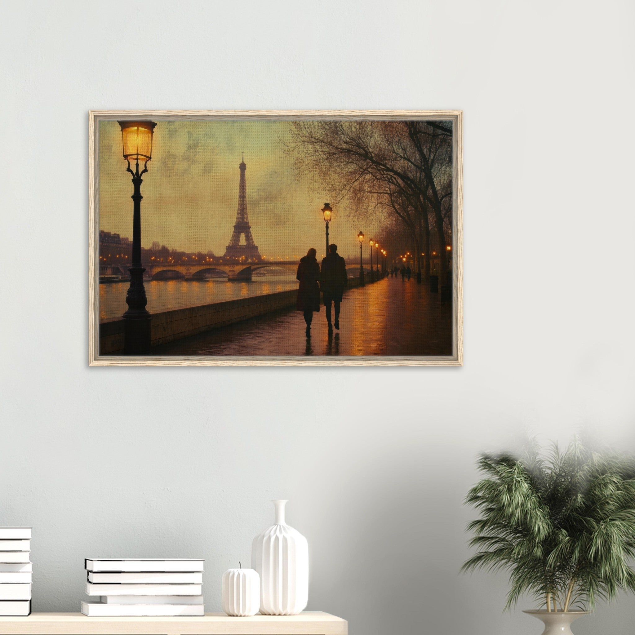 Framed Canvas Landscape - Evening Stroll Along the Seine A romantic river 2 - Shop Ai Art WebShop - Digital Art online Store