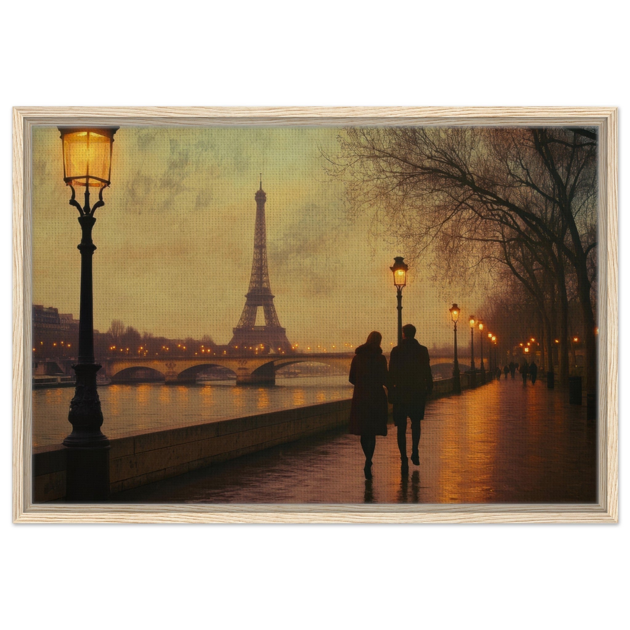Framed Canvas Landscape - Evening Stroll Along the Seine A romantic river 2 - Shop Ai Art WebShop - Digital Art online Store