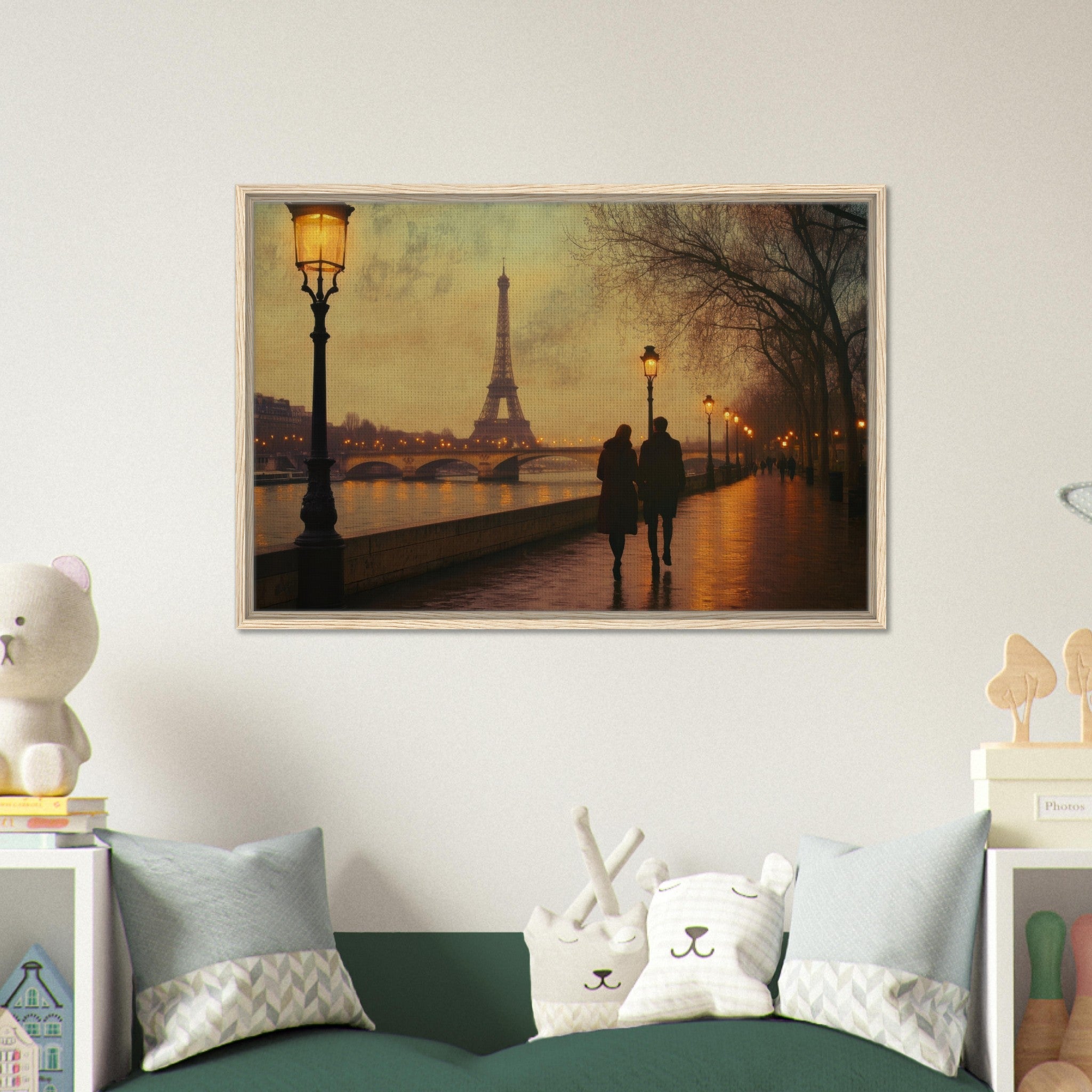 Framed Canvas Landscape - Evening Stroll Along the Seine A romantic river 2 - Shop Ai Art WebShop - Digital Art online Store