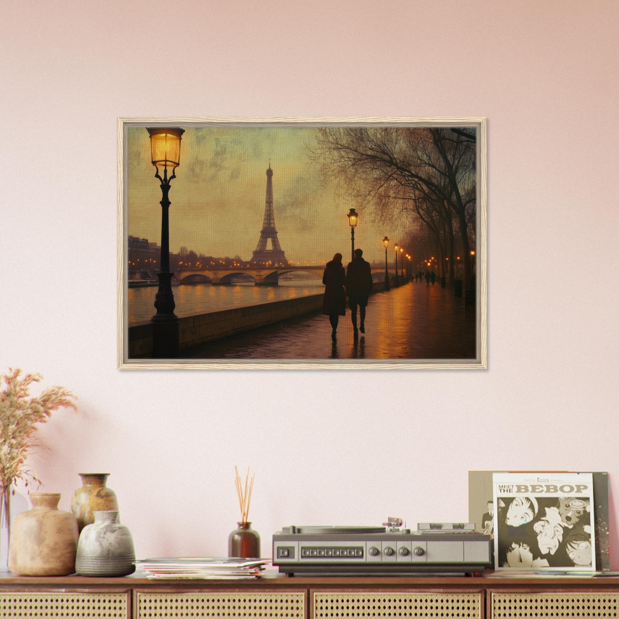 Framed Canvas Landscape - Evening Stroll Along the Seine A romantic river 2 - Shop Ai Art WebShop - Digital Art online Store