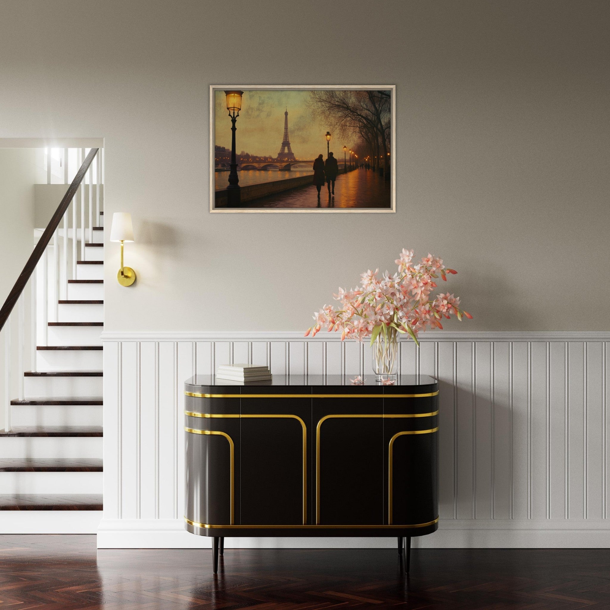 Framed Canvas Landscape - Evening Stroll Along the Seine A romantic river 2 - Shop Ai Art WebShop - Digital Art online Store
