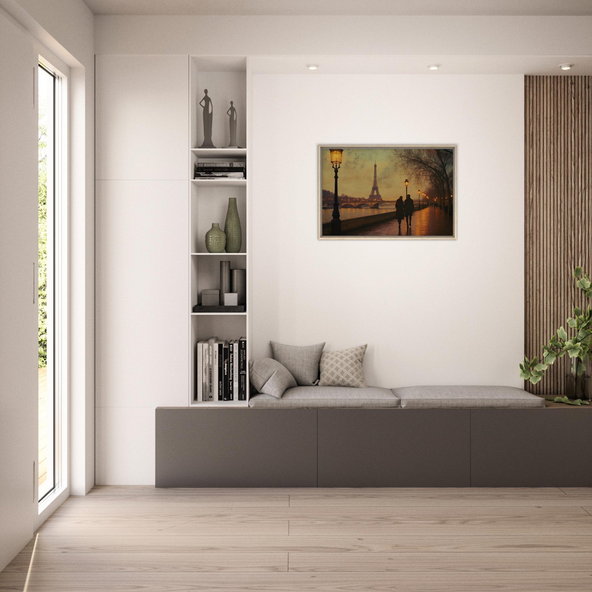 Framed Canvas Landscape - Evening Stroll Along the Seine A romantic river 2 - Shop Ai Art WebShop - Digital Art online Store