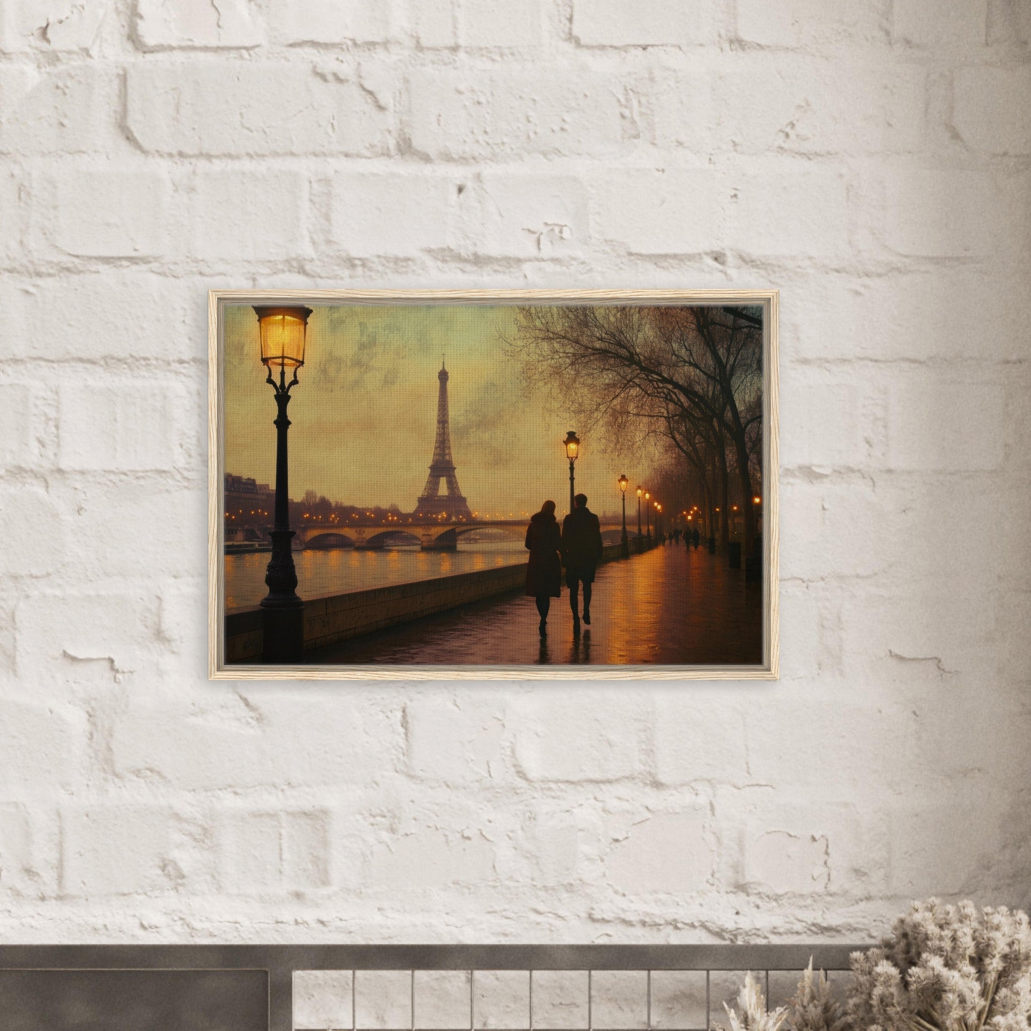 Framed Canvas Landscape - Evening Stroll Along the Seine A romantic river 2 - Shop Ai Art WebShop - Digital Art online Store