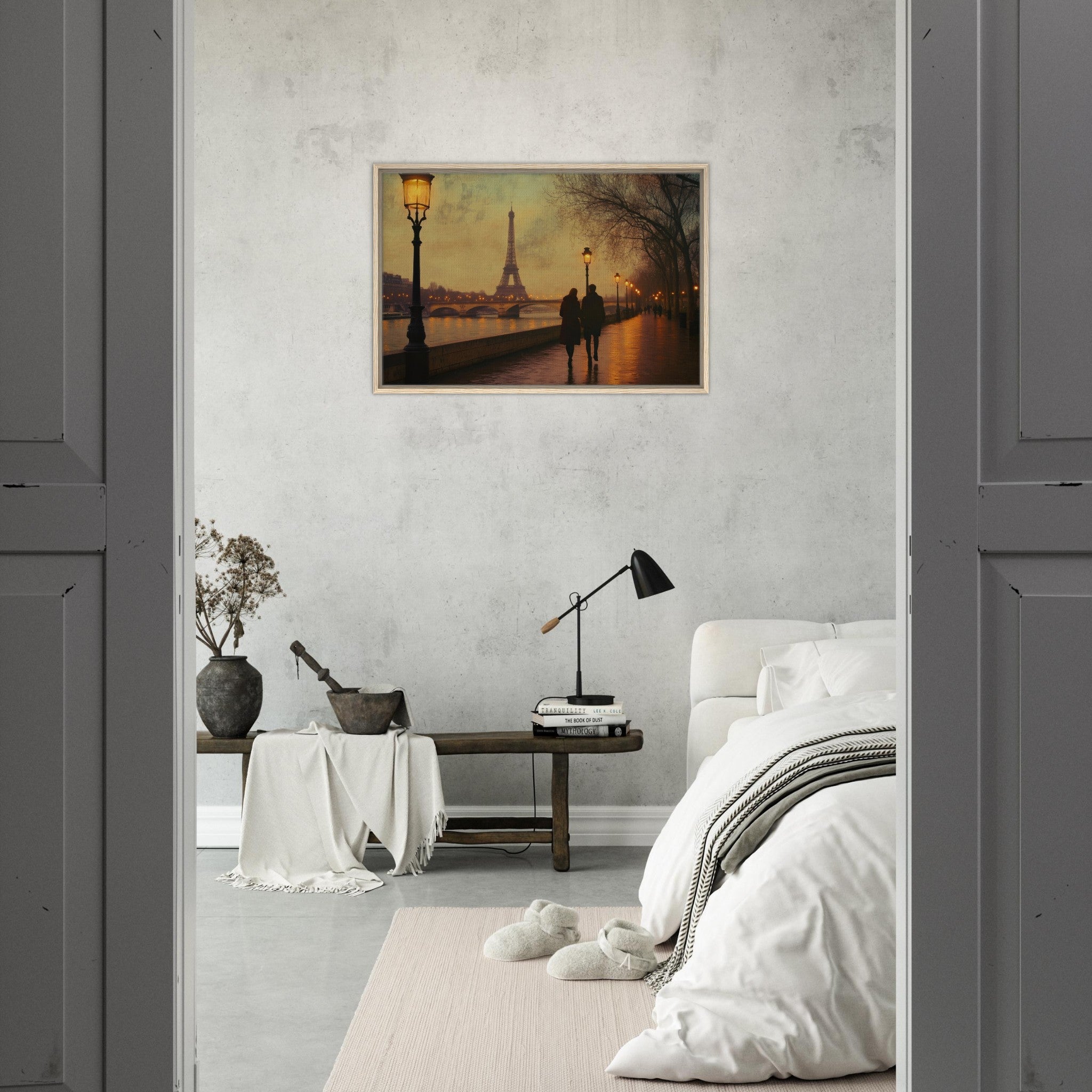 Framed Canvas Landscape - Evening Stroll Along the Seine A romantic river 2 - Shop Ai Art WebShop - Digital Art online Store