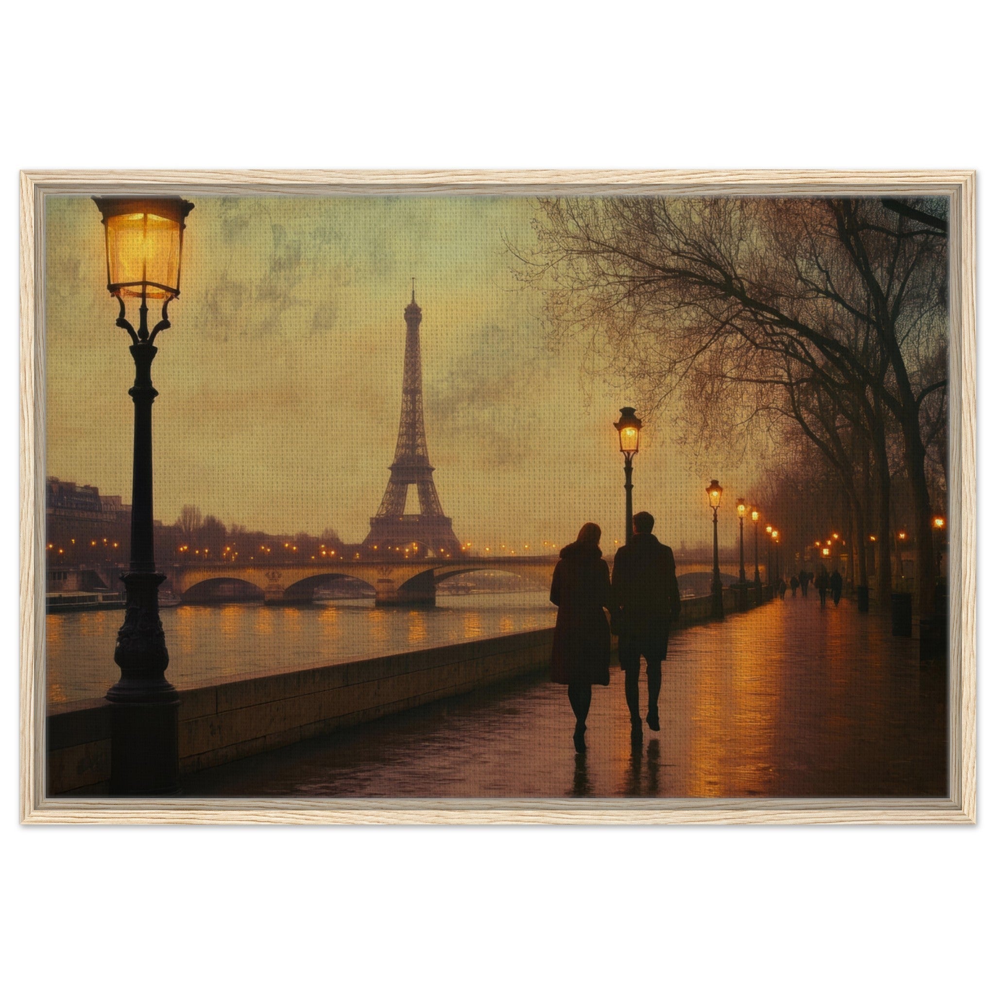 Framed Canvas Landscape - Evening Stroll Along the Seine A romantic river 2 - Shop Ai Art WebShop - Digital Art online Store
