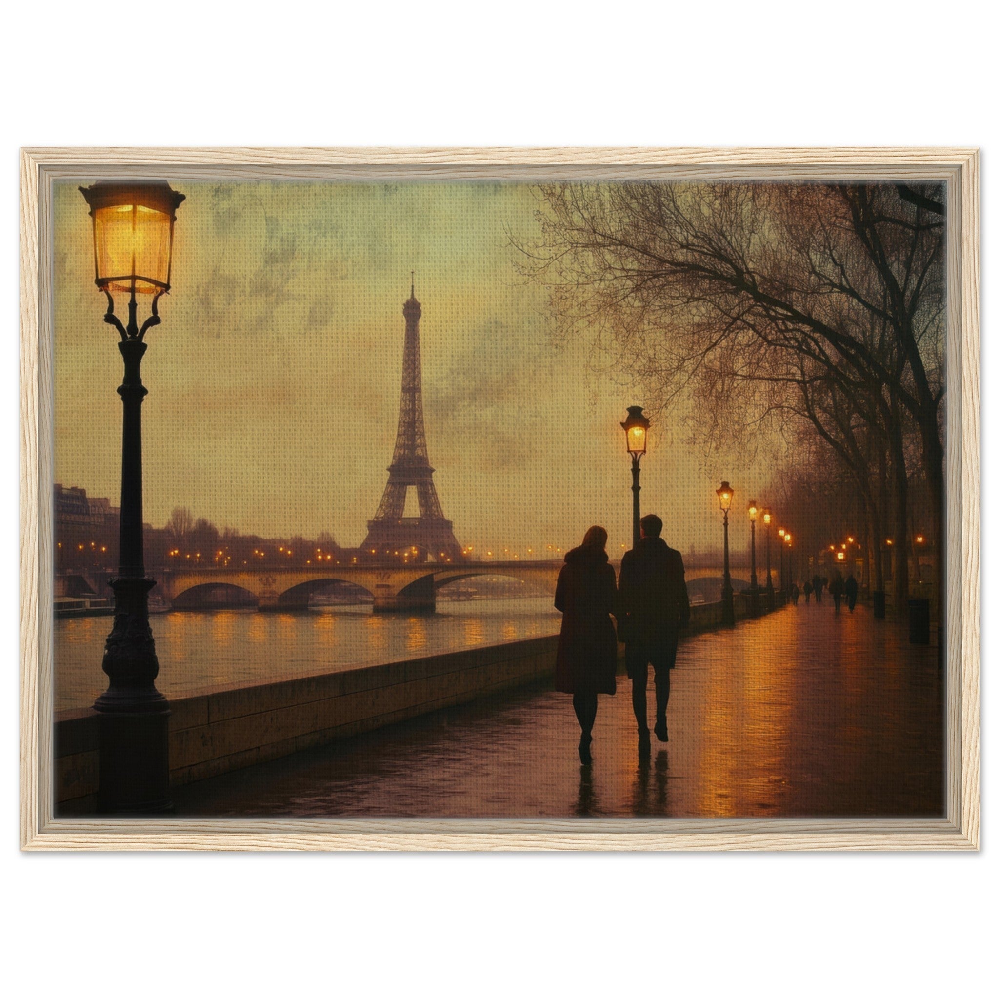 Framed Canvas Landscape - Evening Stroll Along the Seine A romantic river 2 - Shop Ai Art WebShop - Digital Art online Store