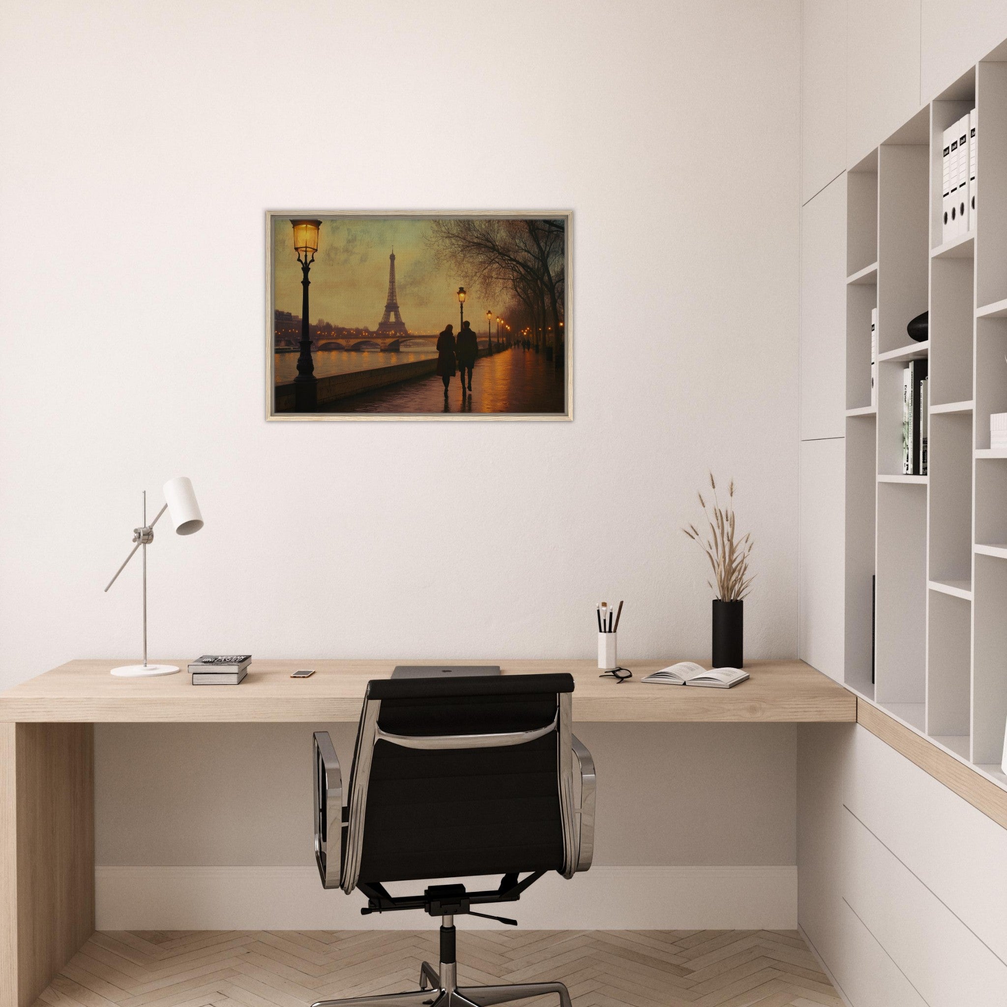 Framed Canvas Landscape - Evening Stroll Along the Seine A romantic river 2 - Shop Ai Art WebShop - Digital Art online Store