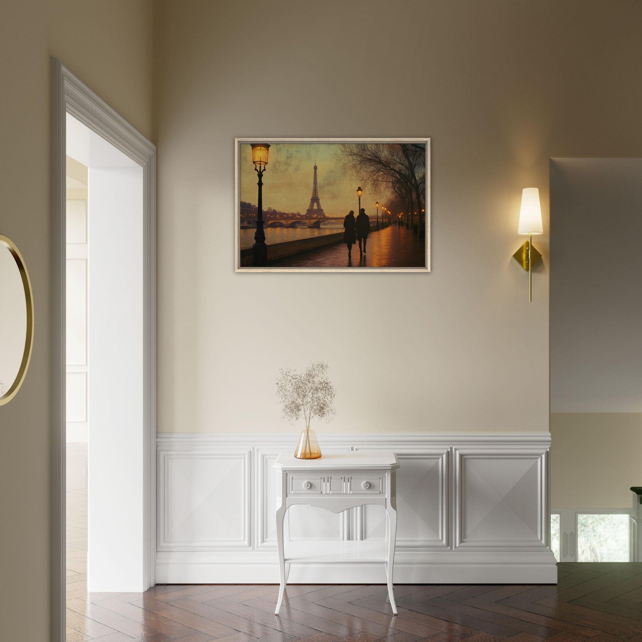Framed Canvas Landscape - Evening Stroll Along the Seine A romantic river 2 - Shop Ai Art WebShop - Digital Art online Store