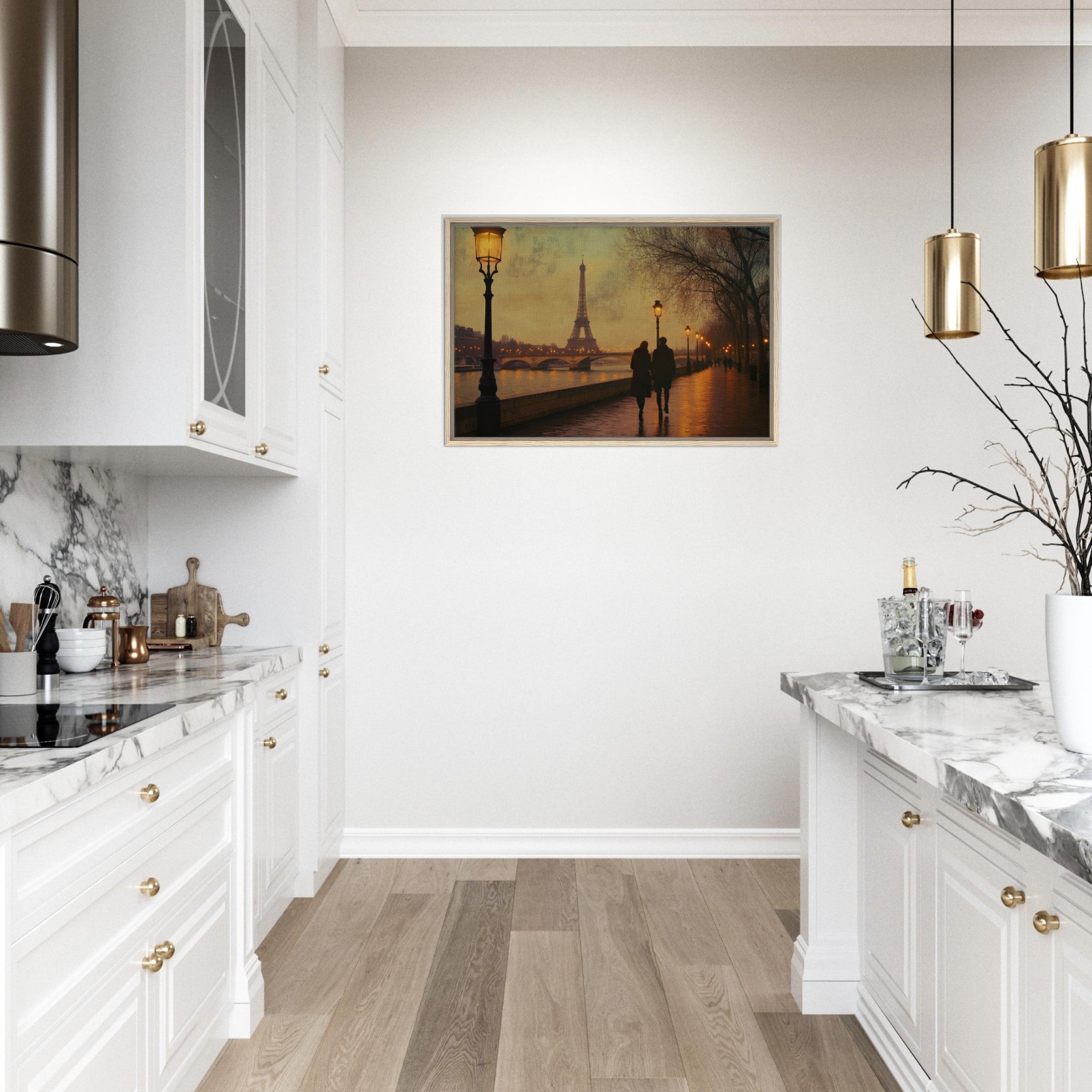 Framed Canvas Landscape - Evening Stroll Along the Seine A romantic river 2 - Shop Ai Art WebShop - Digital Art online Store