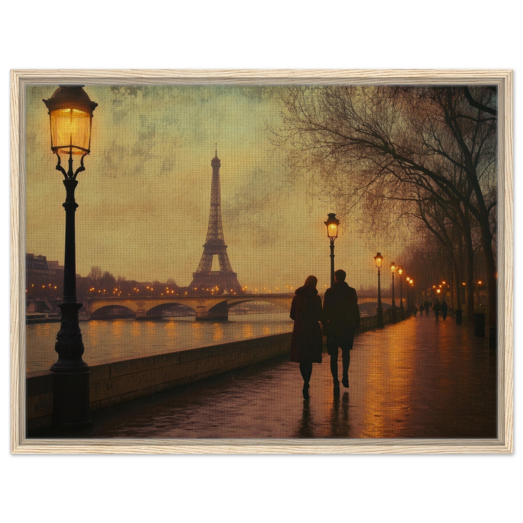 Framed Canvas Landscape - Evening Stroll Along the Seine A romantic river 2 - Shop Ai Art WebShop - Digital Art online Store