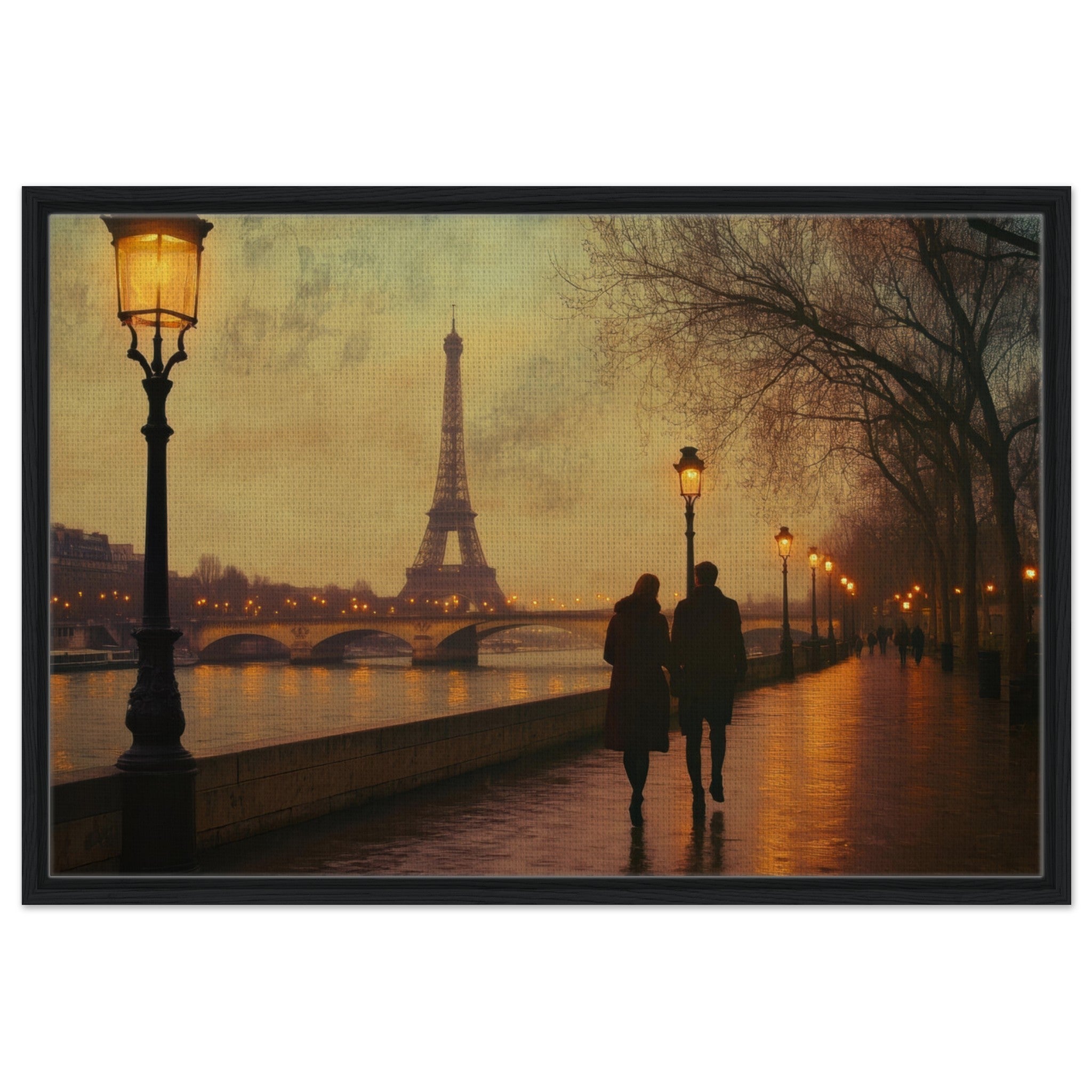 Framed Canvas Landscape - Evening Stroll Along the Seine A romantic river 2 - Shop Ai Art WebShop - Digital Art online Store