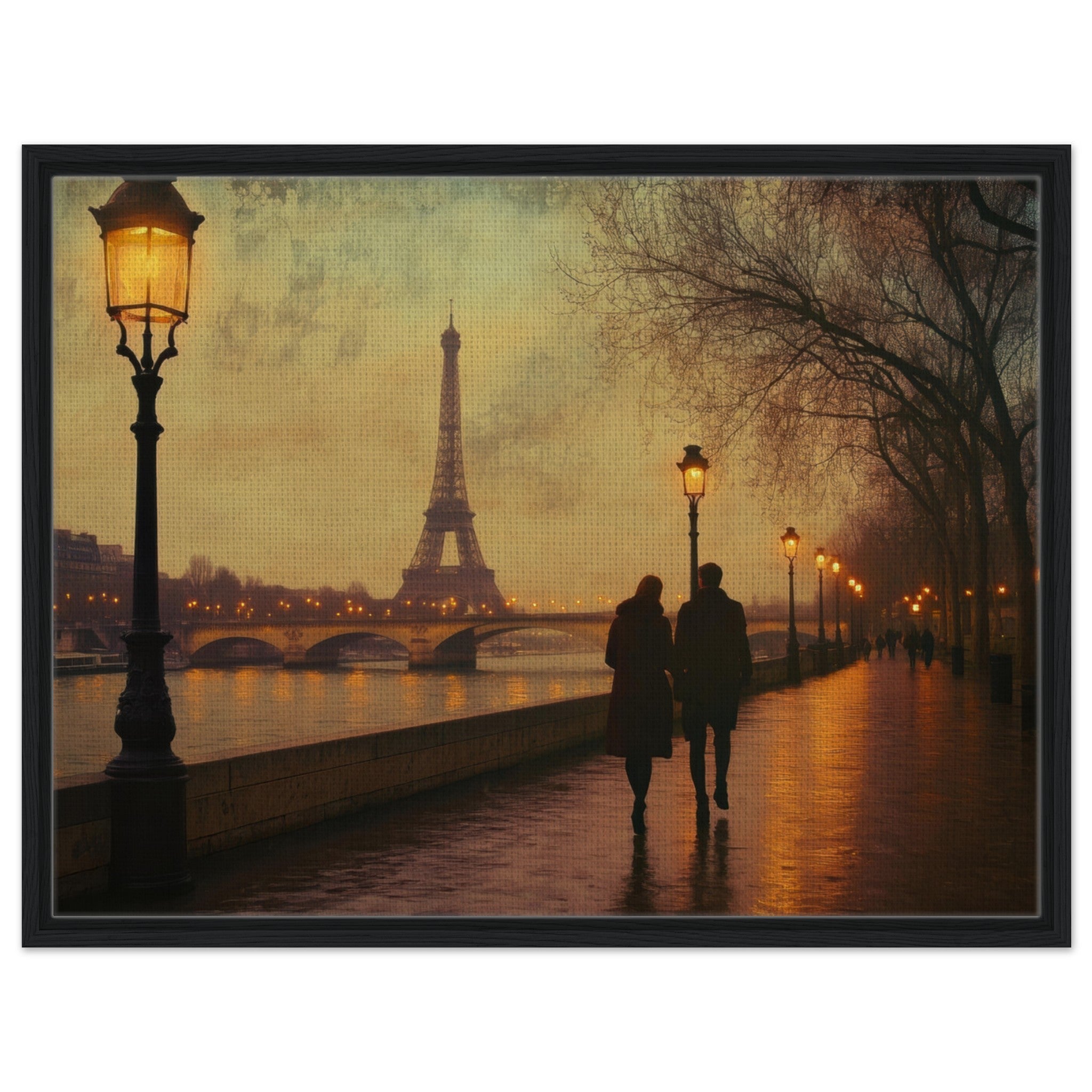 Framed Canvas Landscape - Evening Stroll Along the Seine A romantic river 2 - Shop Ai Art WebShop - Digital Art online Store