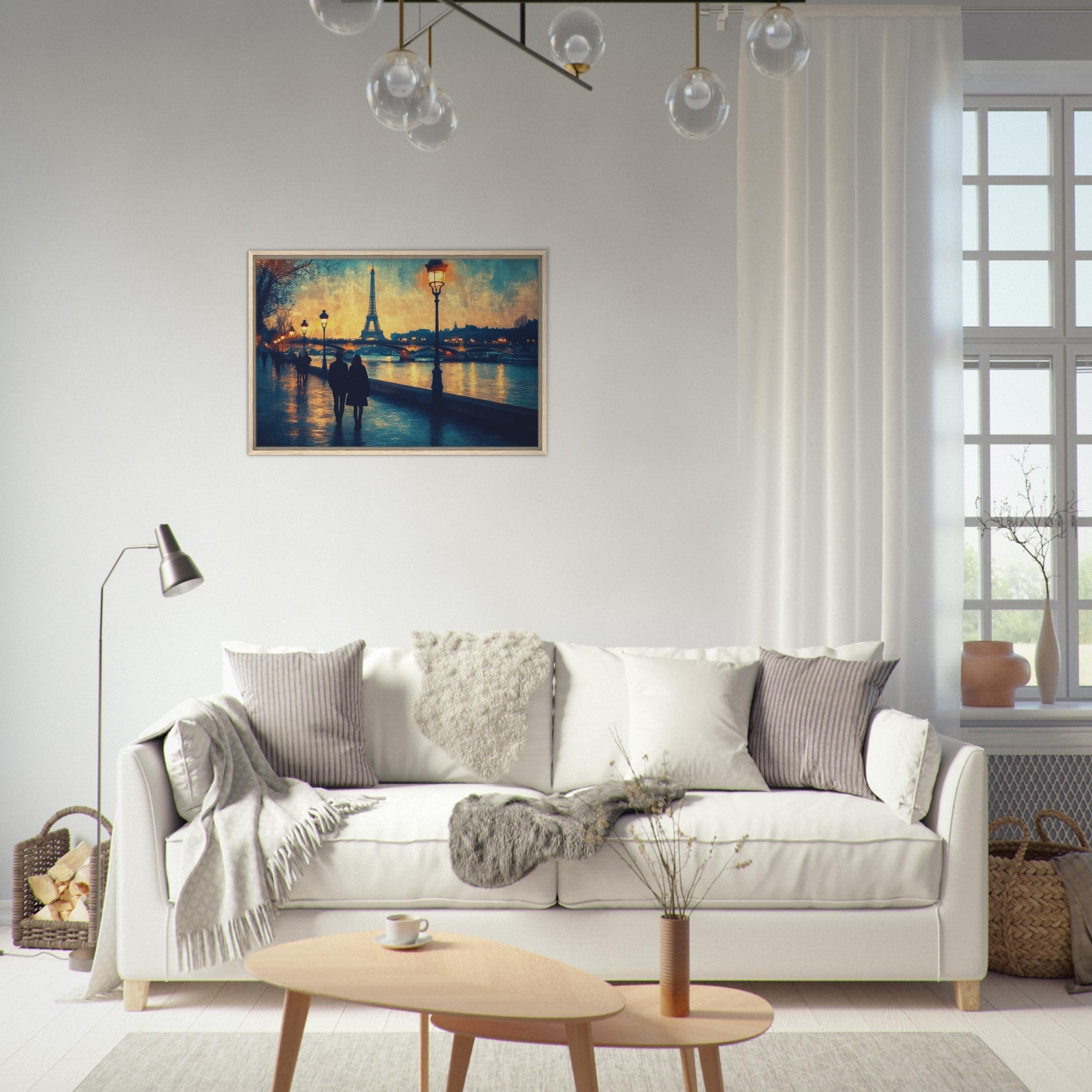 Framed Canvas Landscape - Evening Stroll Along the Seine A romantic river 3 - Shop Ai Art WebShop - Digital Art online Store