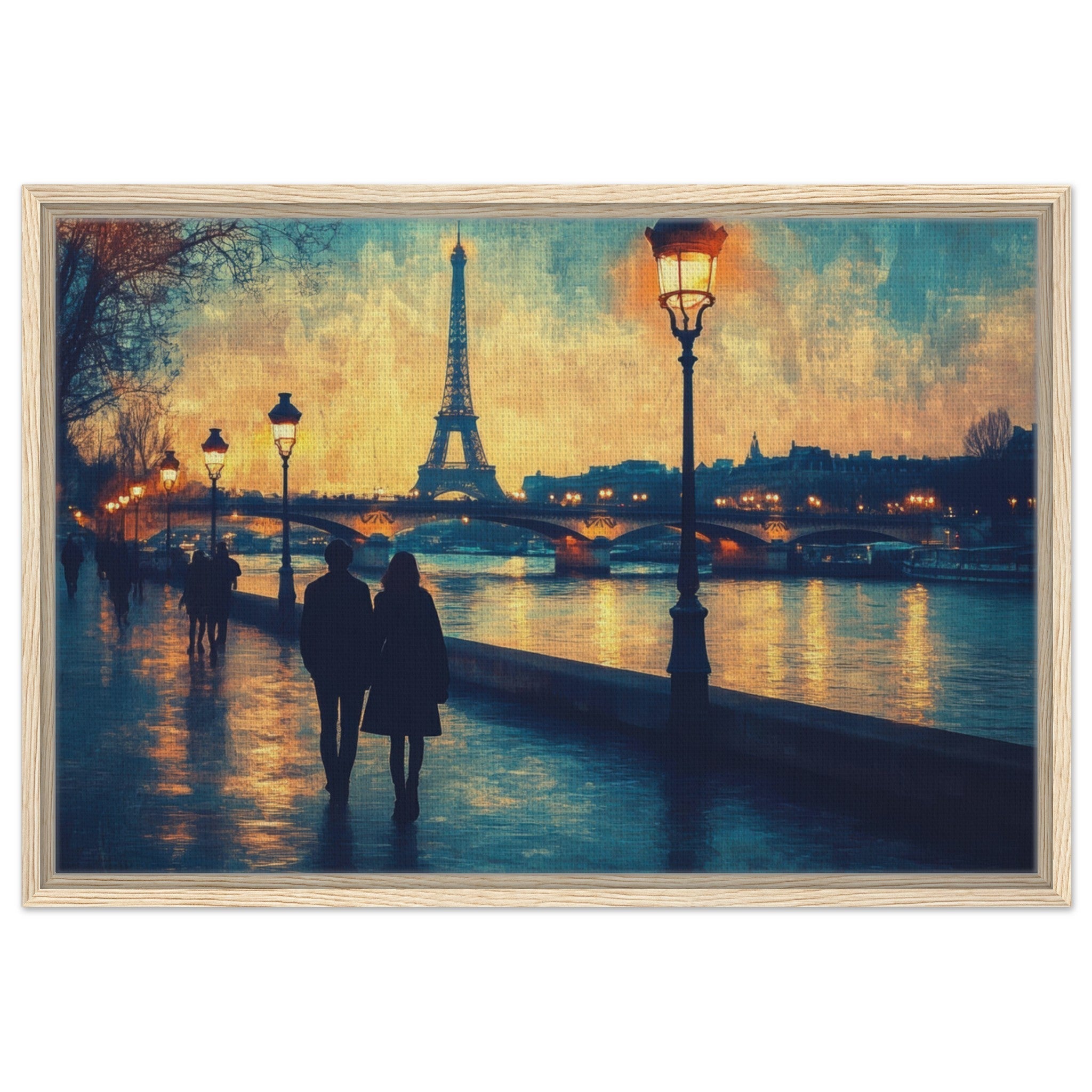 Framed Canvas Landscape - Evening Stroll Along the Seine A romantic river 3 - Shop Ai Art WebShop - Digital Art online Store