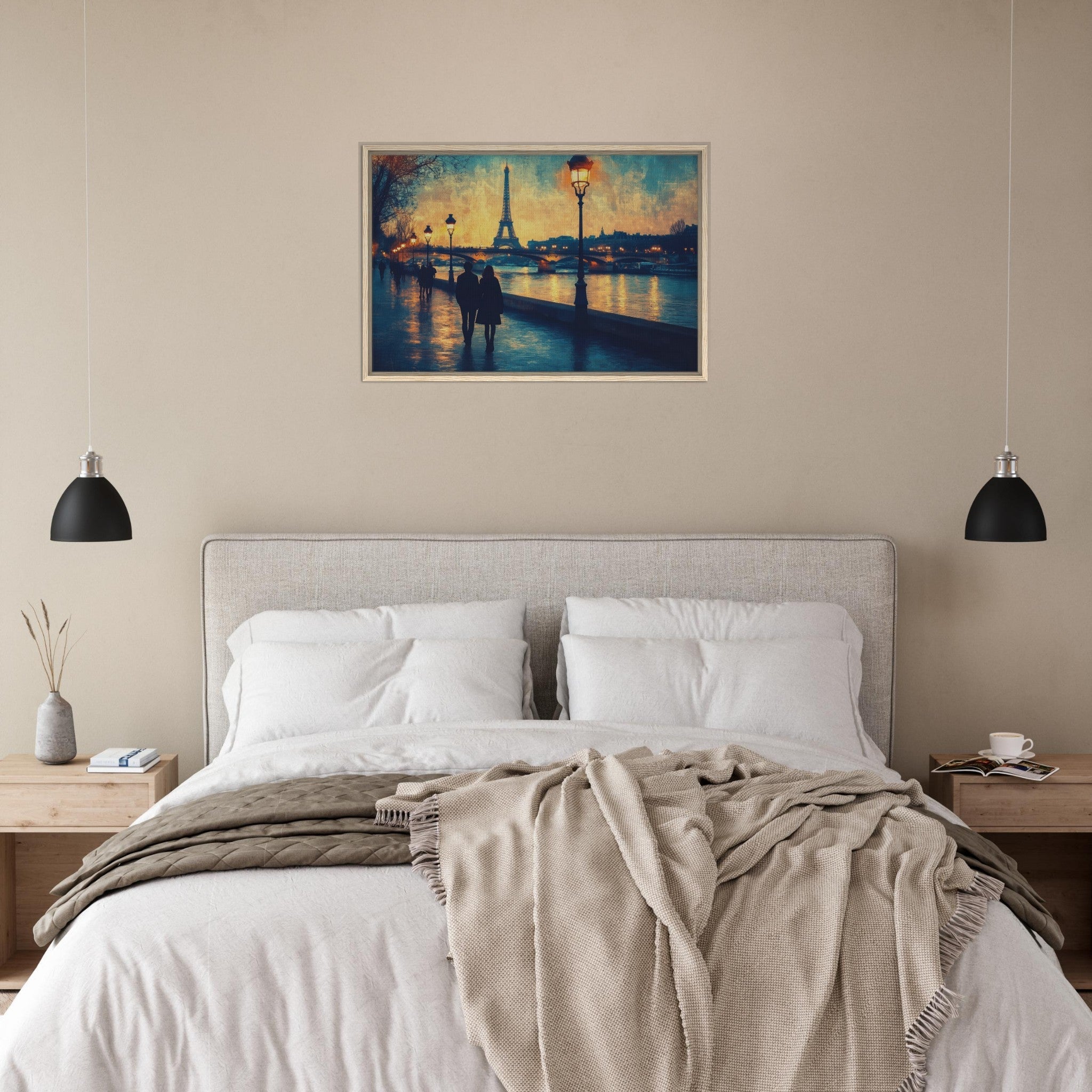 Framed Canvas Landscape - Evening Stroll Along the Seine A romantic river 3 - Shop Ai Art WebShop - Digital Art online Store