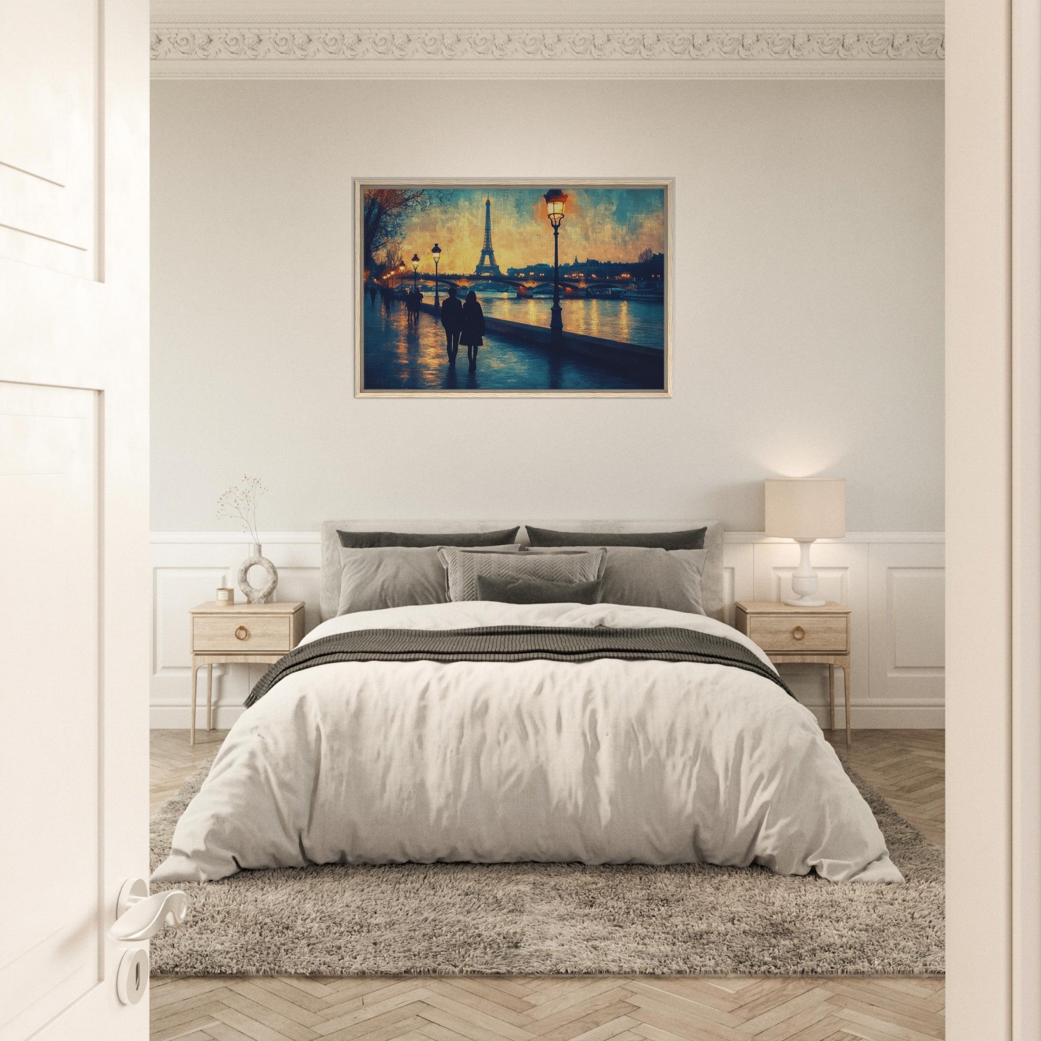 Framed Canvas Landscape - Evening Stroll Along the Seine A romantic river 3 - Shop Ai Art WebShop - Digital Art online Store