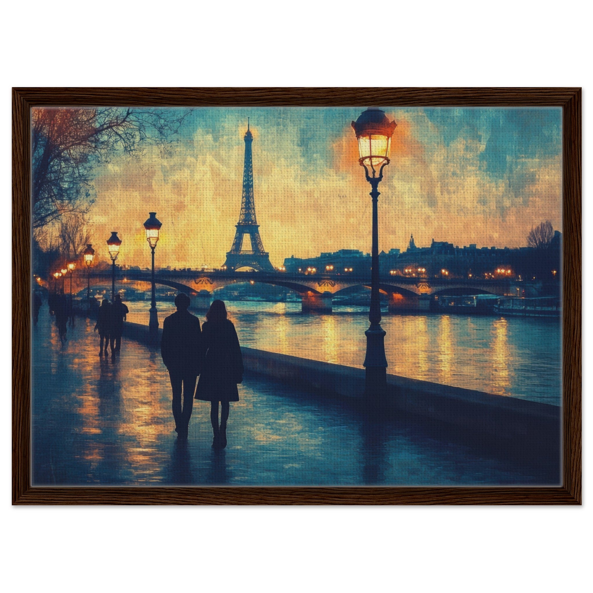 Framed Canvas Landscape - Evening Stroll Along the Seine A romantic river 3 - Shop Ai Art WebShop - Digital Art online Store