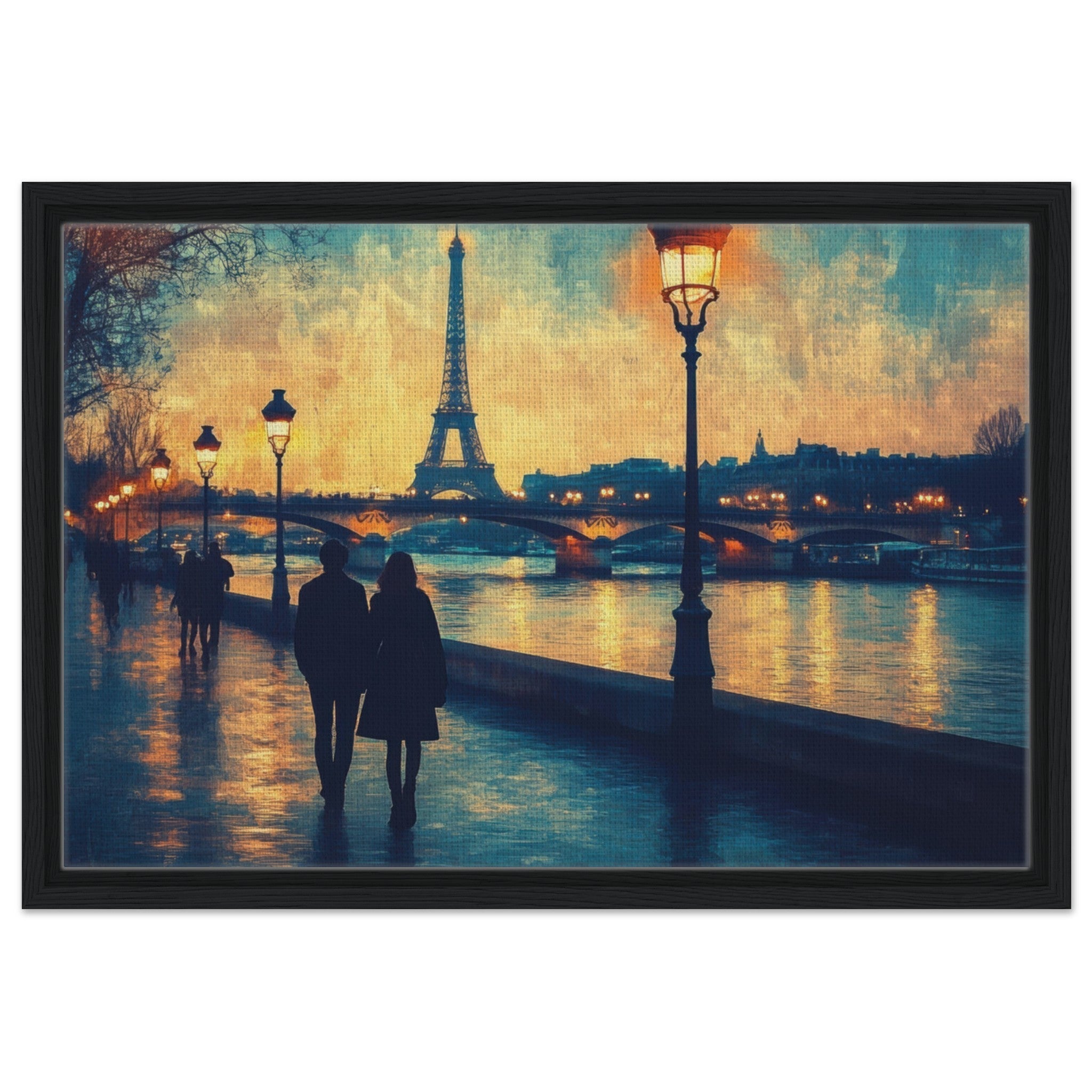 Framed Canvas Landscape - Evening Stroll Along the Seine A romantic river 3 - Shop Ai Art WebShop - Digital Art online Store